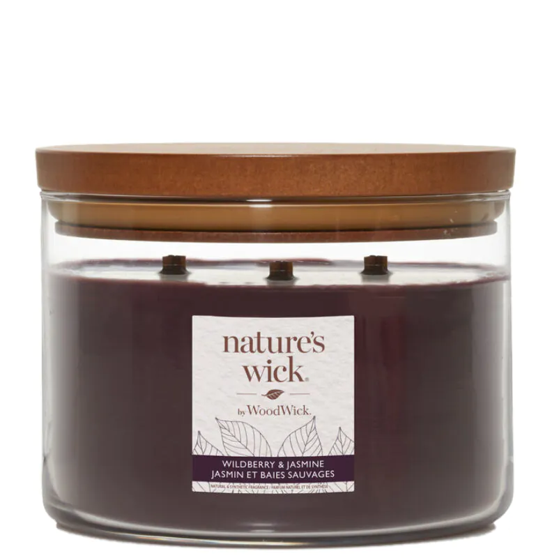 Woodwick Natures фитил свеће у стаклу са 3 дрвена фитиља дивља јагода и јасмин