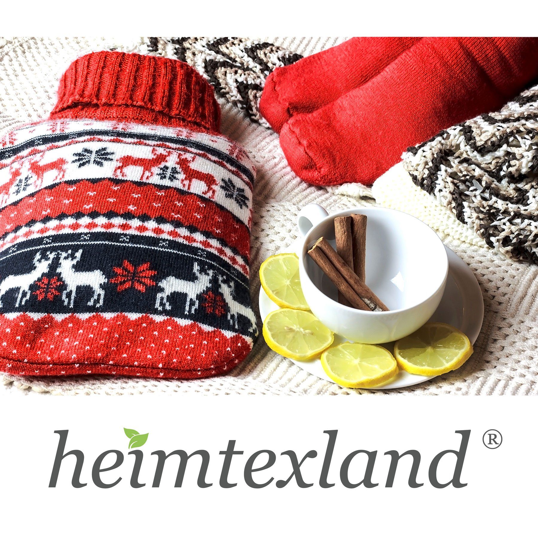 heimtexland Wärmflasche Soft Strick Bezug waschbar Wärmekissen Geschenk, (Typ857), Weihnachten I Doppellamellen Wärmeflasche Naturkautschuk