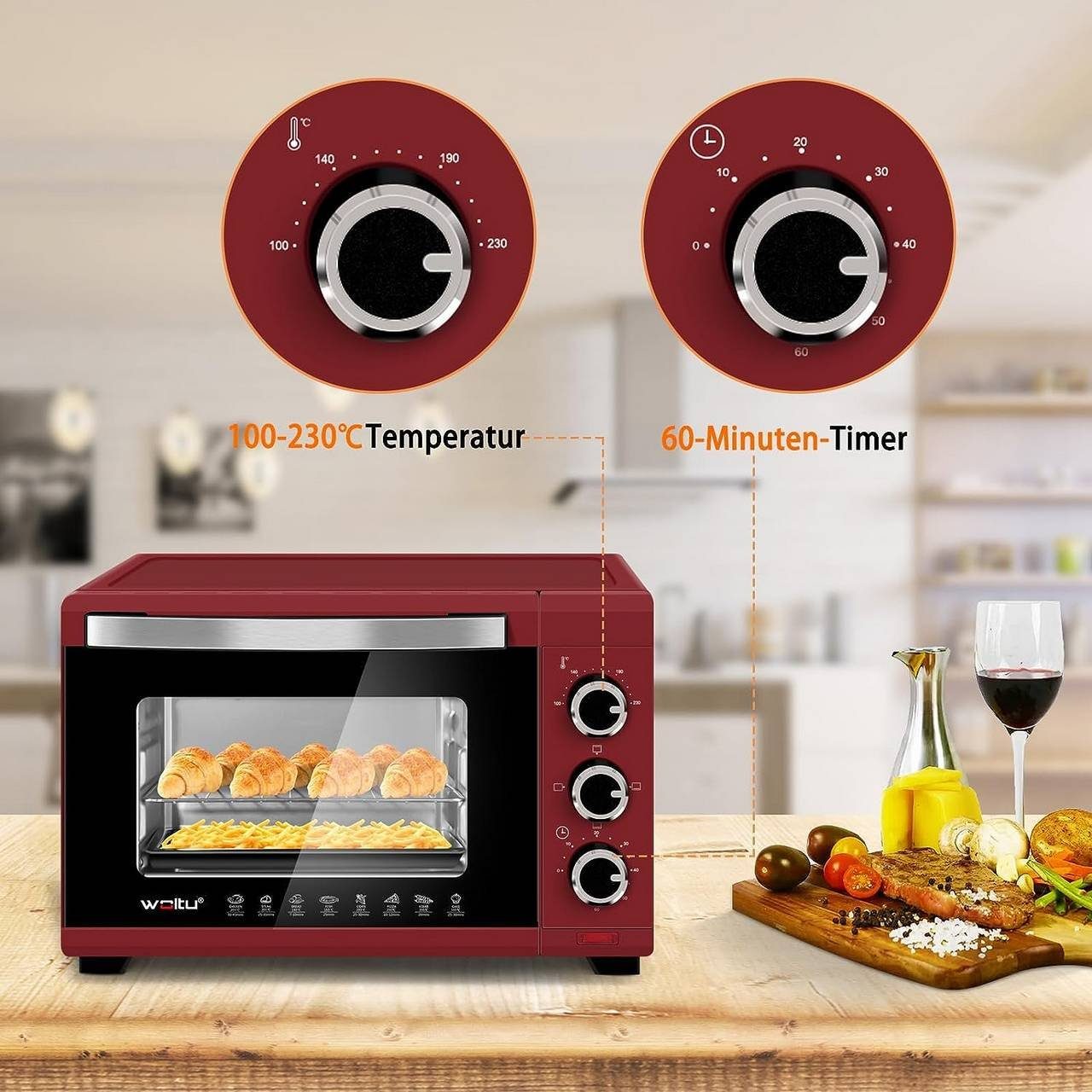 Woltu Minibackofen, Mini Backofen 21L,1280W,Timer 60 Min