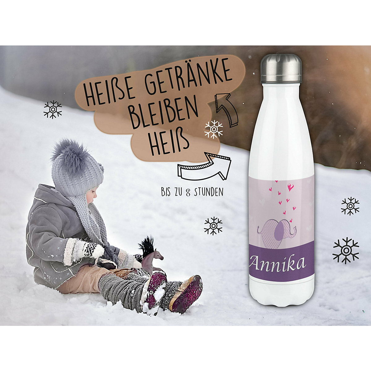 Edelstahl Kinder Thermoflasche / Trinkflasche bunt Elefant Farbe lila Spülmaschinenfest, Auslaufsicher, Bruchfest, Doppelwandig, Für Heißgetränke geeignet, Mit Deckel, Isoliert