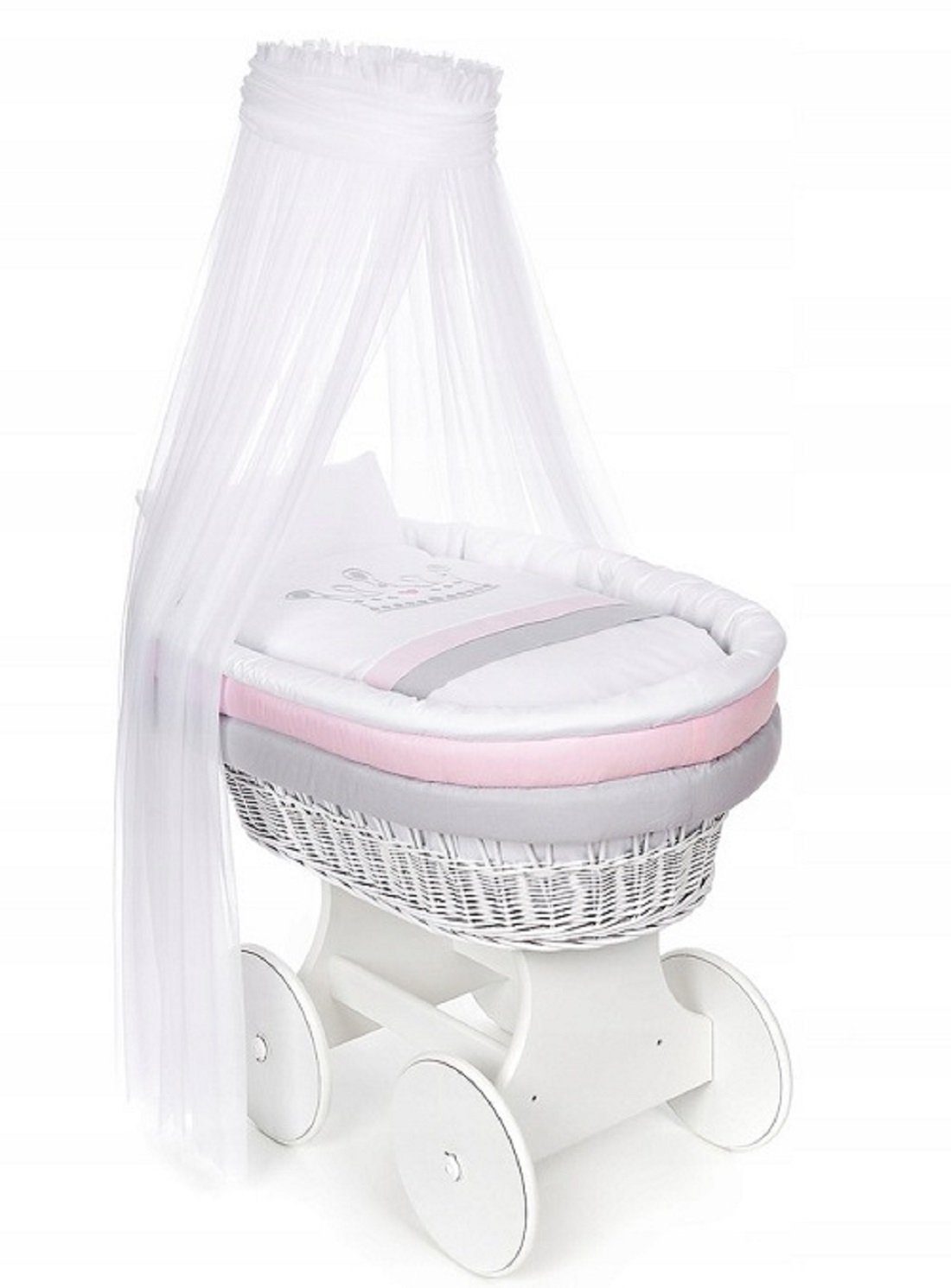 Babybettwäsche Baby Stubenwagengarnitur 7-tlg. KRONE rosa/blau/grau OHNE BETT, Babyhafen, mit Matratze