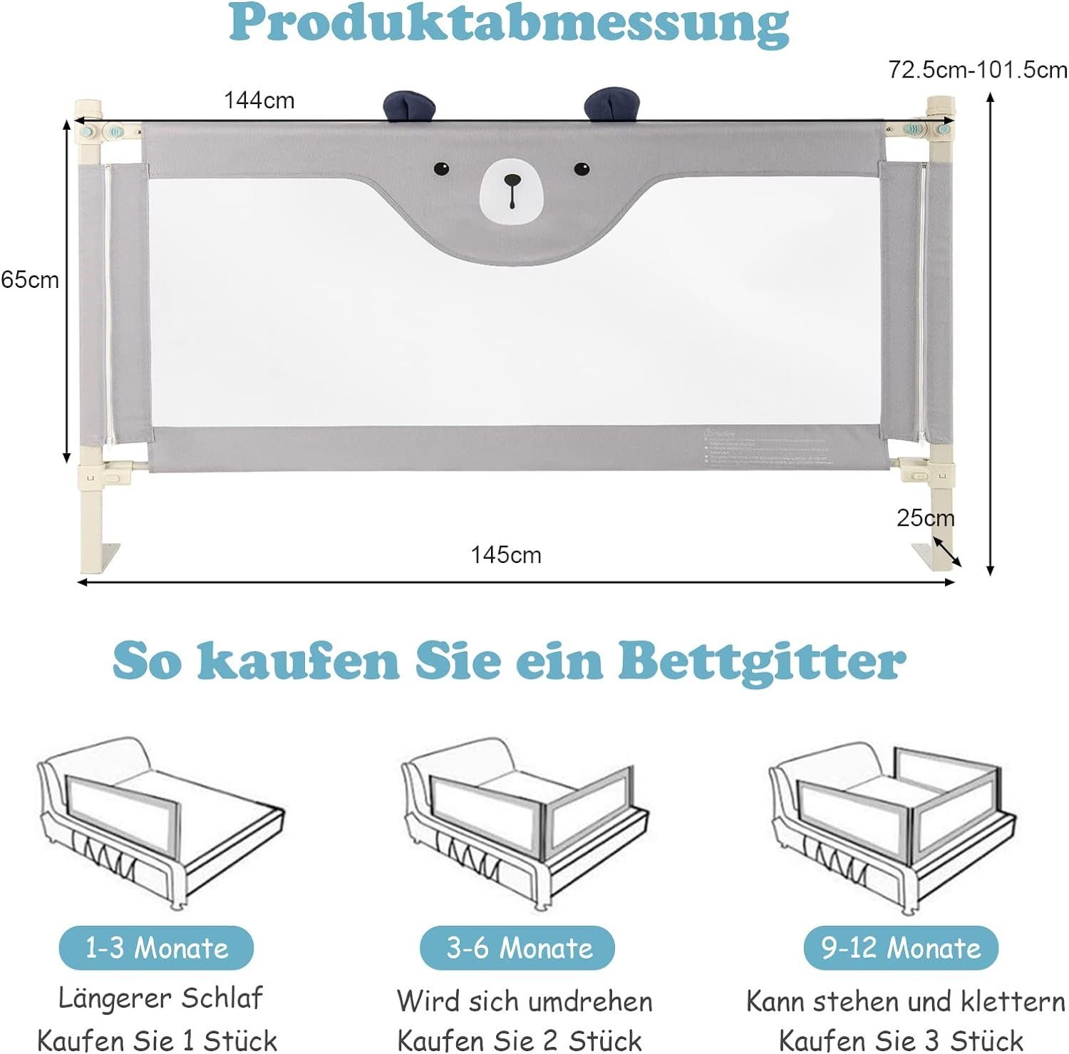 KOMFOTTEU Bettschutzgitter Babybettgitter, mit Doppelschlos(145cm, Bär)