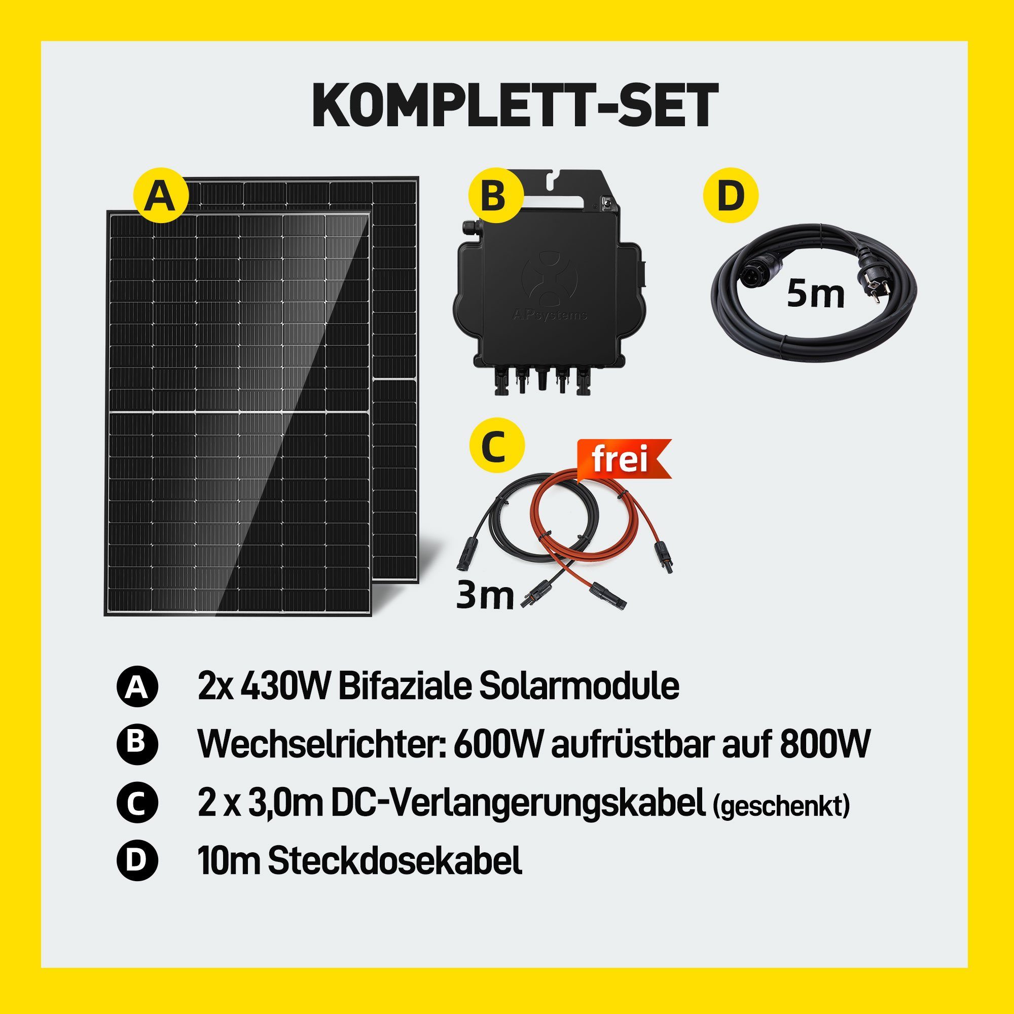 E.For.U Solarmodul Balkonkraftwerk 860W/800W Photovoltaik Mini-PV Anlage, 800,00 W, Monokristallin, (860W mit 2x430W Bifazialer Glas-Glas Solarmodule Komplettset, APsystems Wechselrichter 600W/800W einstellbar), inkl. 5m Kabel