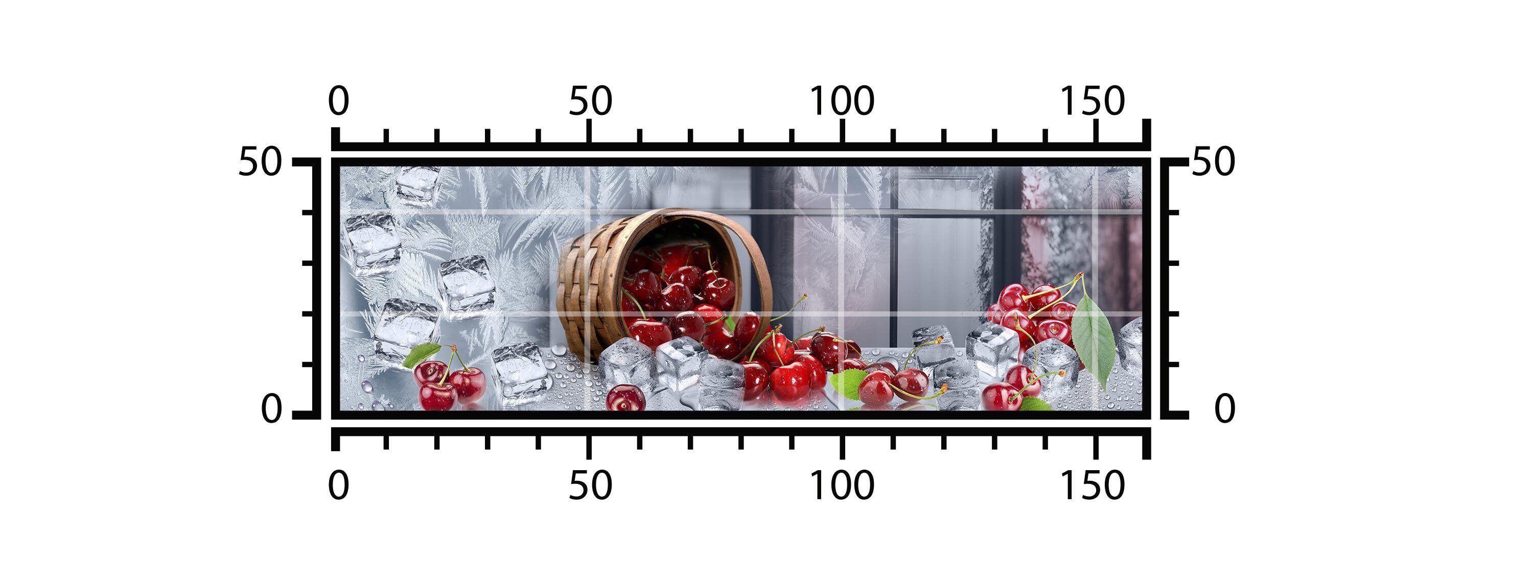 wandmotiv24 Küchenrückwand Kirschen Korb Eis Kalt Frost Fenster Tro, (1-tlg), Premium Hartschaum Nischenrückwand in versch. Größen