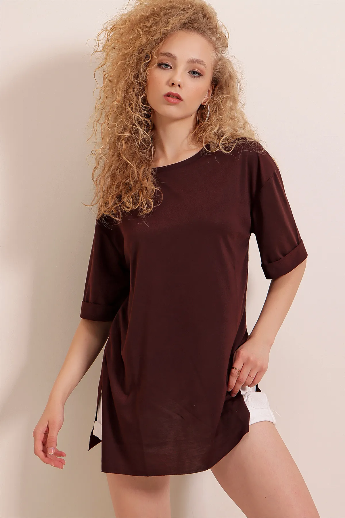 Bigdart  4123 Geschlitztes Oversize-T-Shirt – Braun