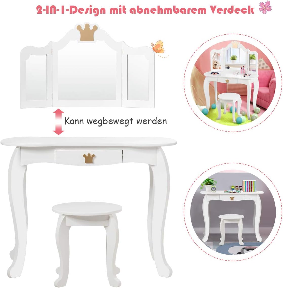 Costway COSTWAY Kinder Schminktisch mit Hocker und Abnehmbarer Spiegel