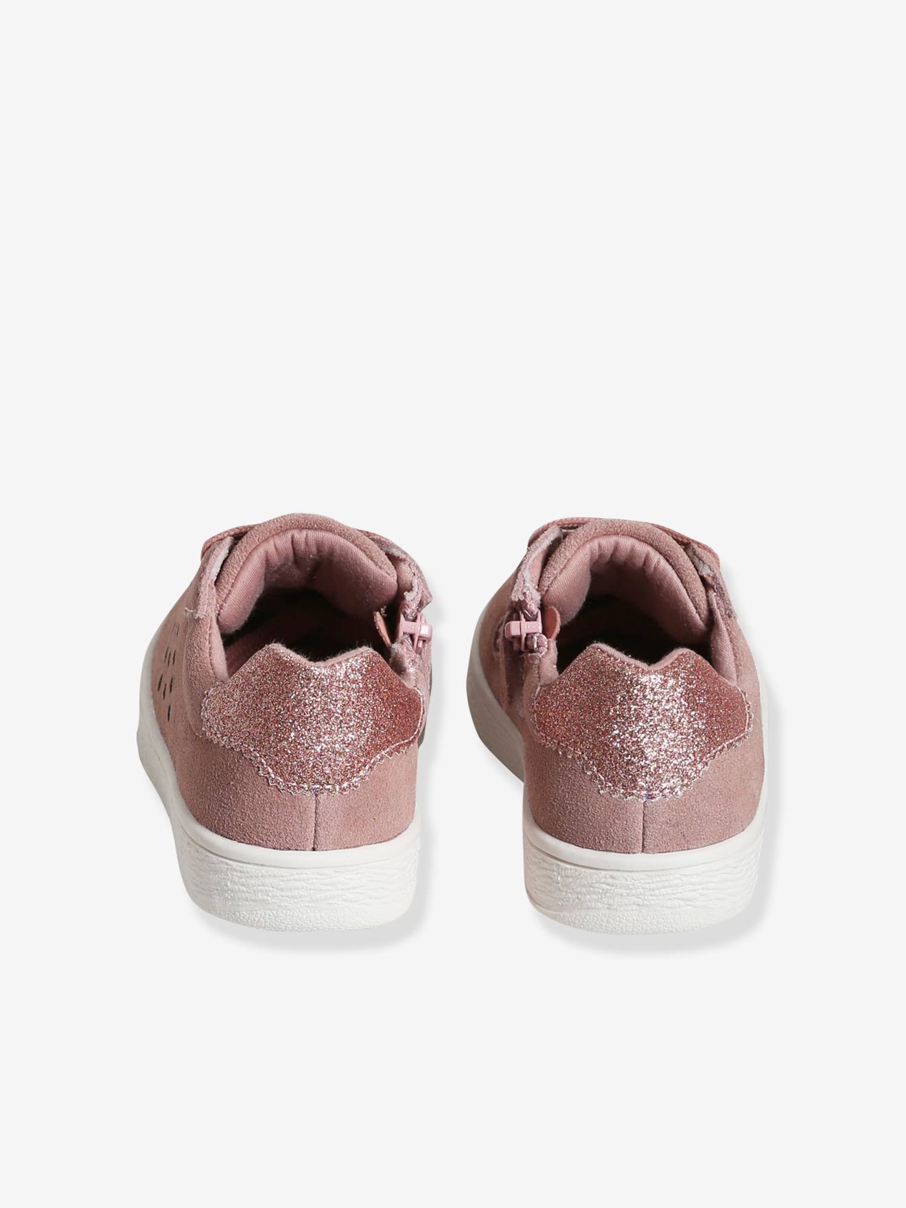 Baskets cuir fille lacées et zippées détails paillettes rose