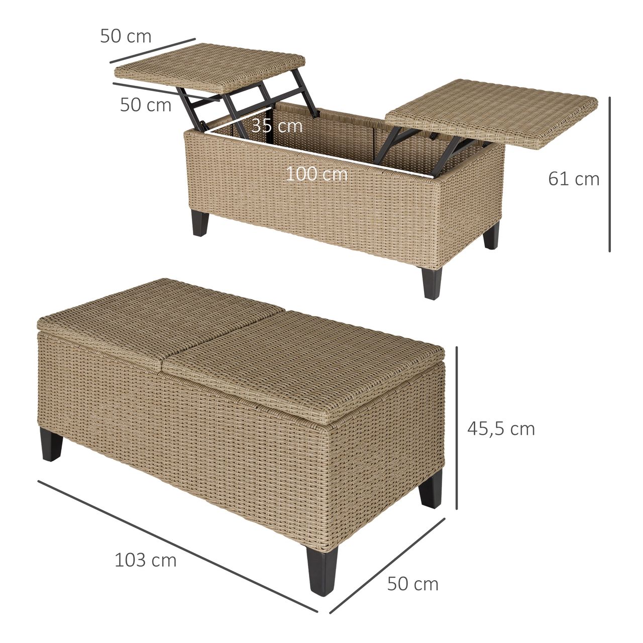 Outsunny Polyrattan Garten Balkontisch ausziehbar Stahl Khaki 103 x 50 x 45,5 cm