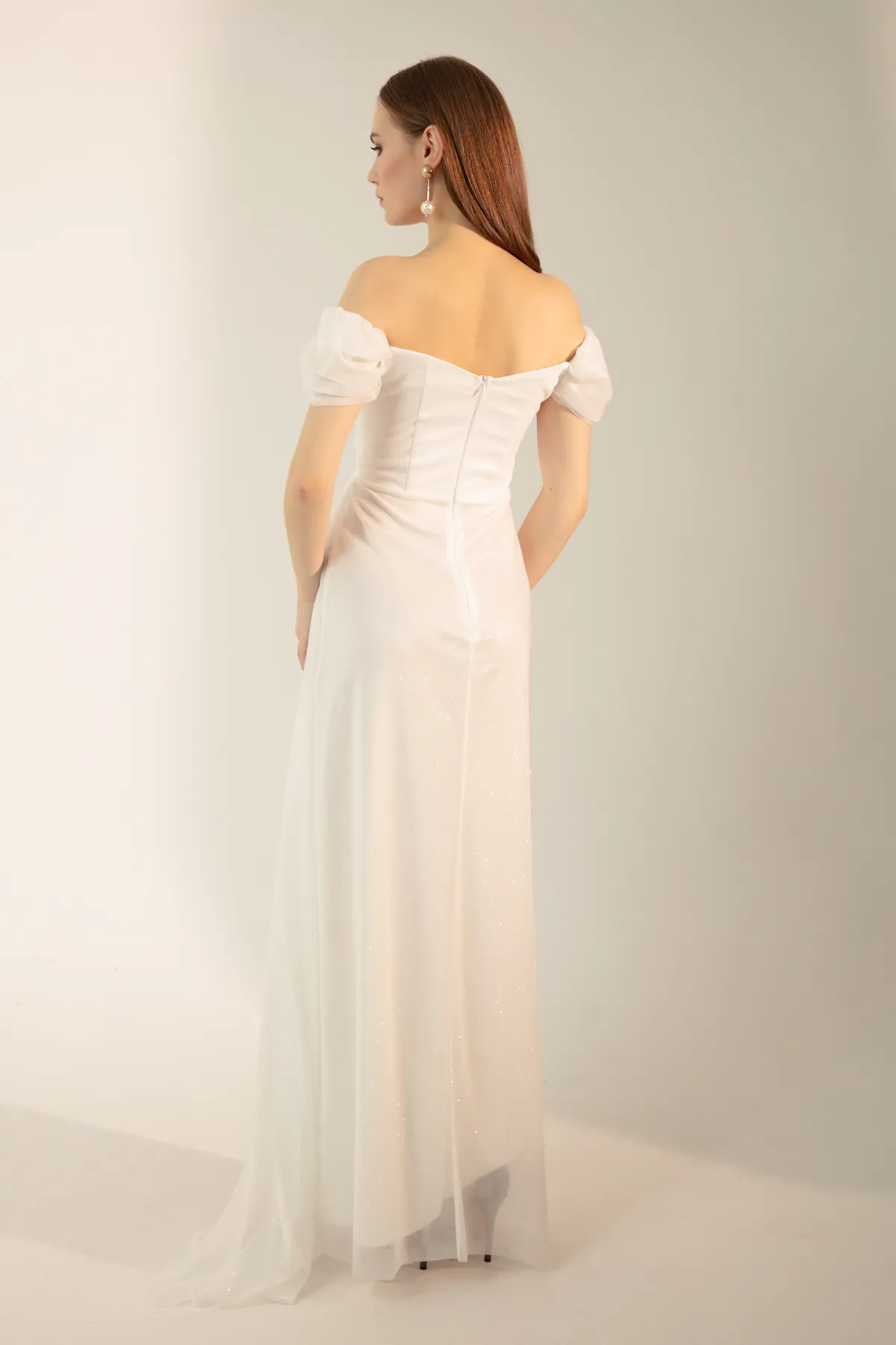 Lafaba  Damen-Abendkleid in Weiß mit U-Boot-Ausschnitt, drapiertem Schlitz, langes Glitzer-Abendkleid