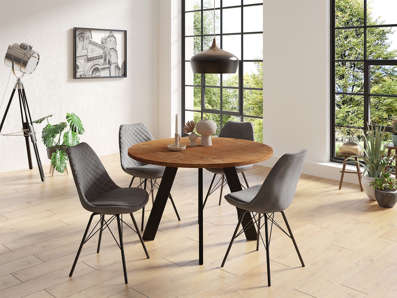 byLiving RICA Stuhl, 2er Set, Metallgestell schwarz pulverbeschichtet, Samtbezug grau
