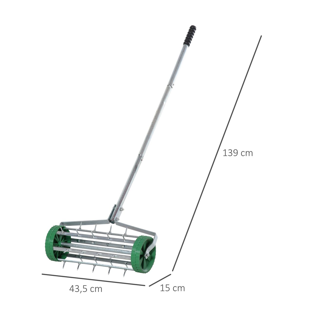 Outsunny Rasenlüfter einstellbar rollender Rasenlüfter verzinktes Rohr Grün Silber 135 x 42,5 x 15 cm