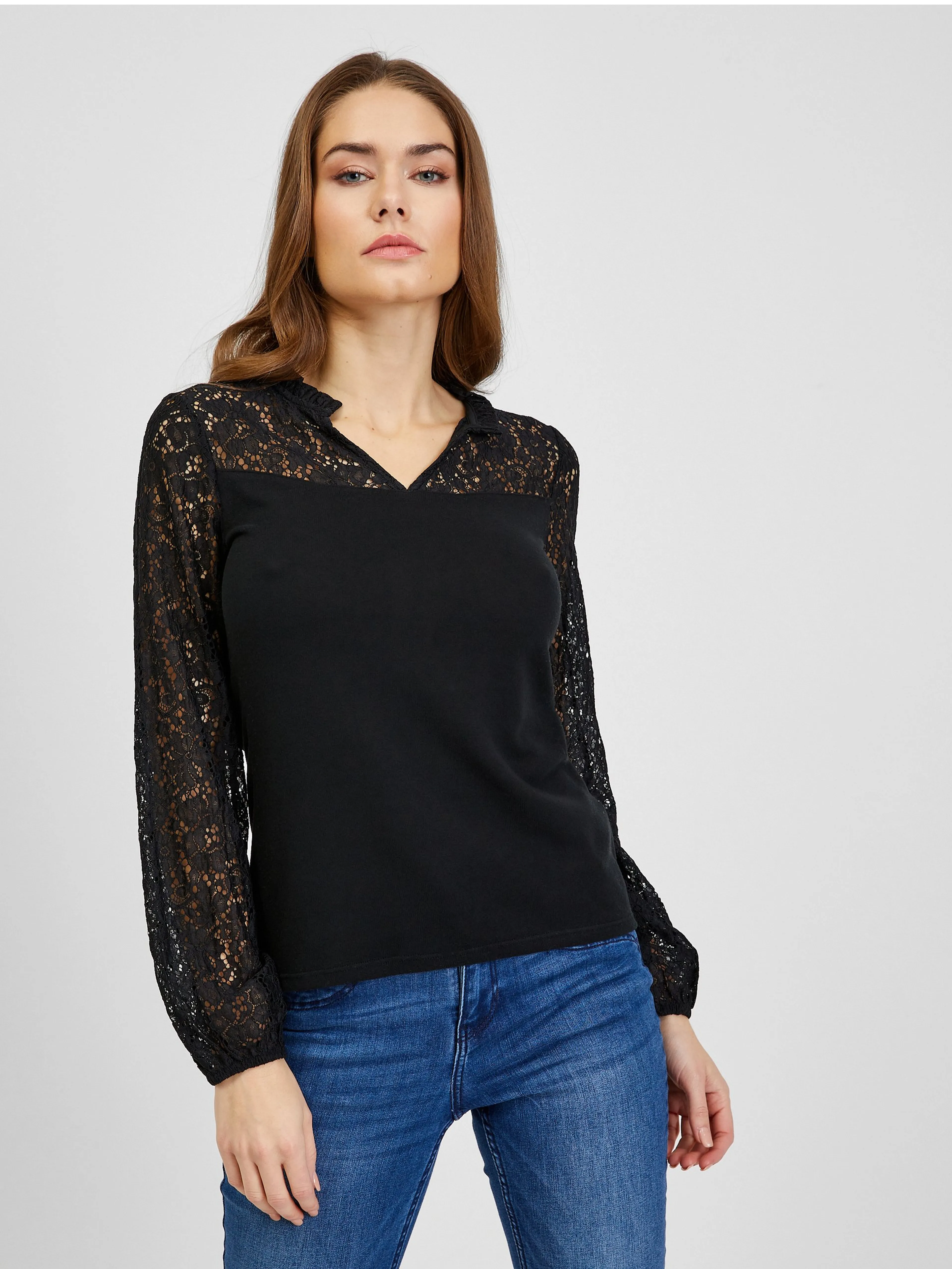 Schwarzes Damen T-Shirt mit Spitze ORSAY