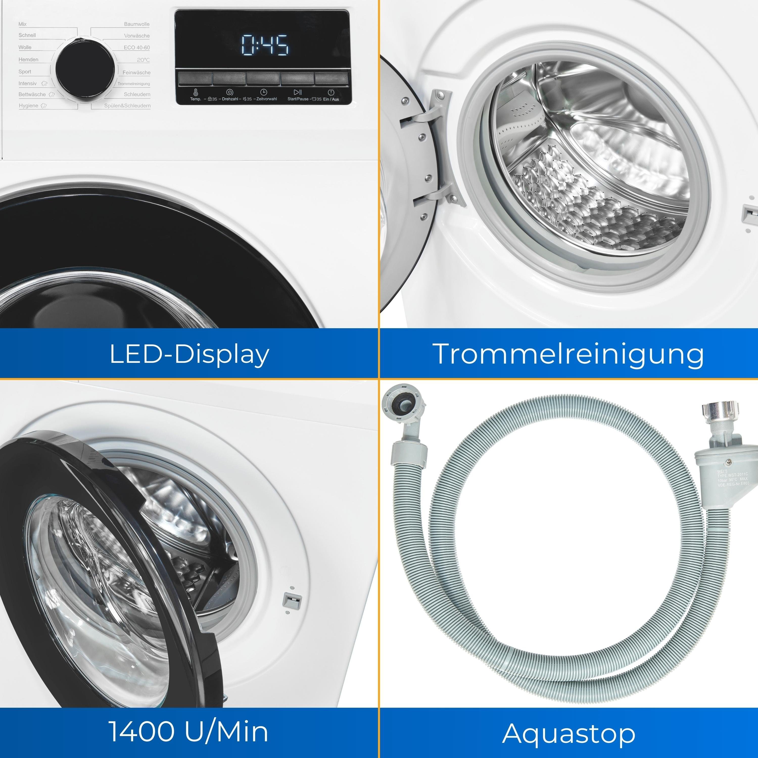 exquisit Waschmaschine WA58014-340A, 8 kg, 1400 U/min, Trommelreinigung, Kindersicherung, Aquastop