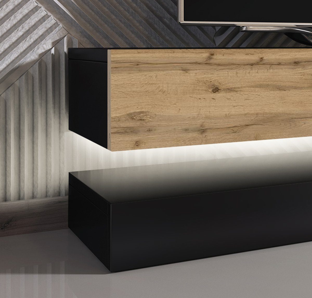 GuenstigEinrichten Lowboard Bird (TV-Board in schwarz und Wotan Eiche, Breite 140 cm), mit Stauraum, inklusive LED Beleuchtung