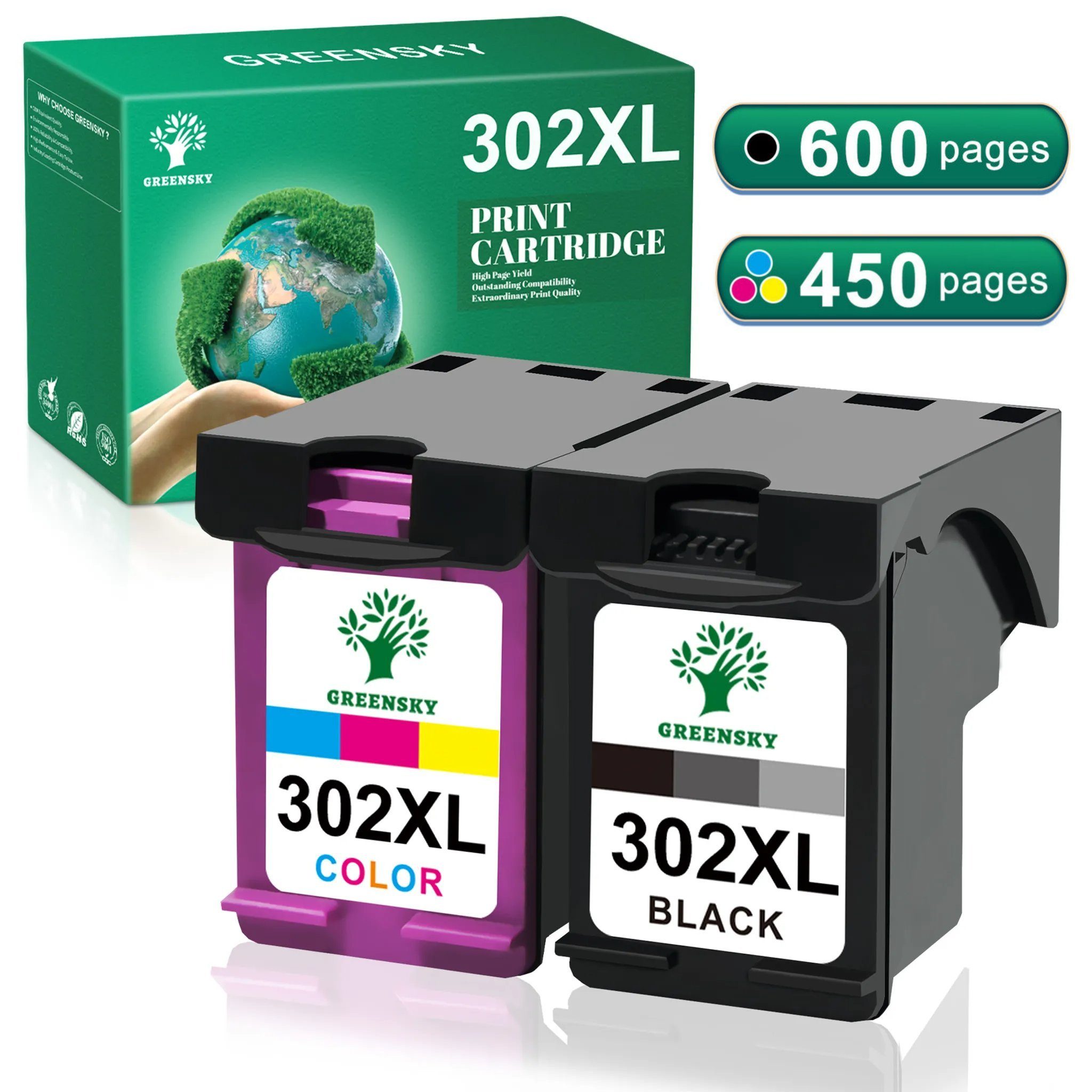 Greensky Remanufactured Druckerpatrone für HP 302XL HP 302 Tintenpatrone (für HP 302 xl Envy 4525 4520 4527 Deskjet 1110 2130 2132 2134 3630 3632 3633 3634 3636 3638, Officejet 3831 3830 3833 5230 5220)