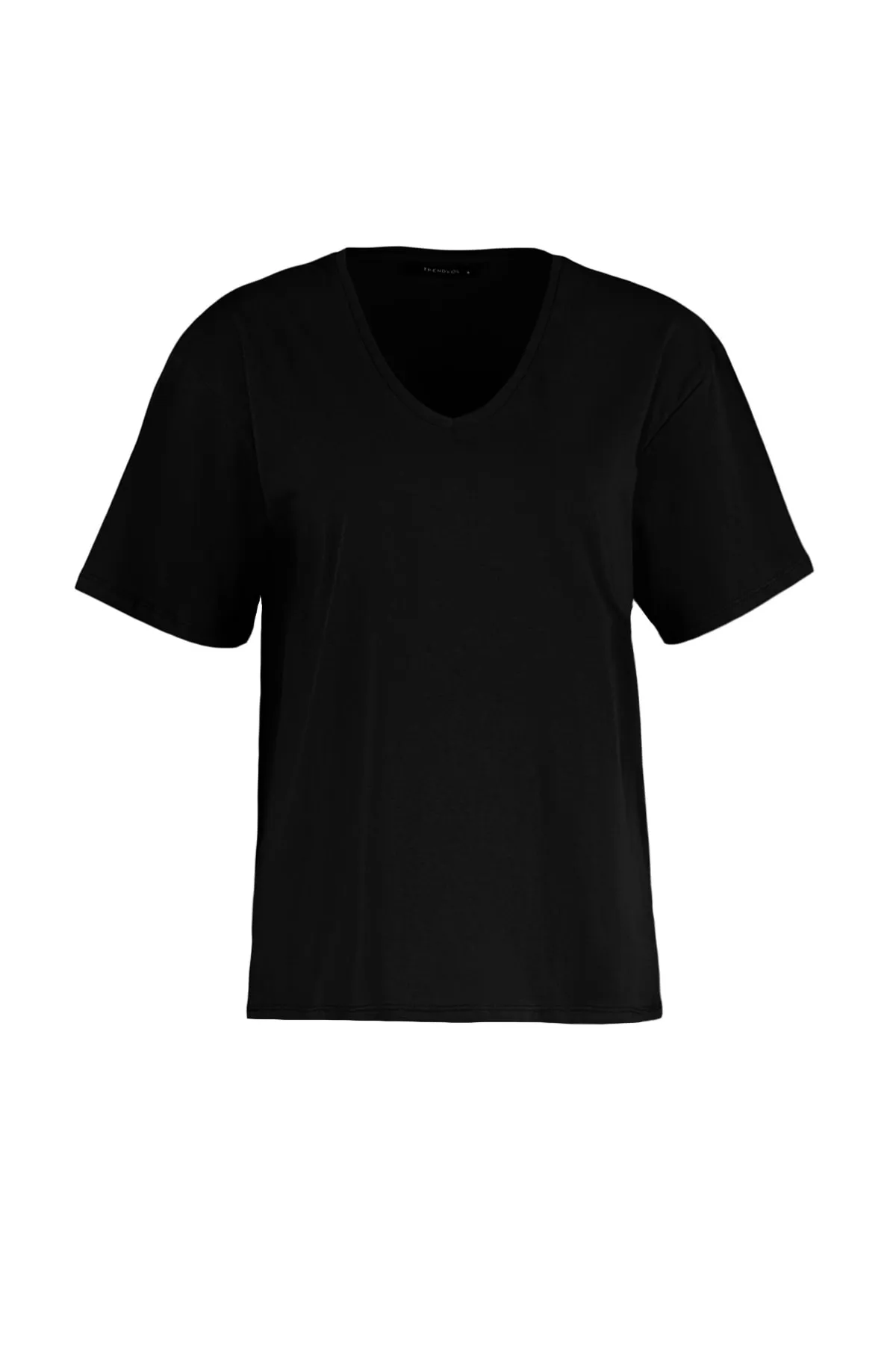 Trendyol Collection  Schwarzes Boyfriend-Strick-T-Shirt mit V-Ausschnitt aus 100 % Baumwolle TWOSS23TS00003