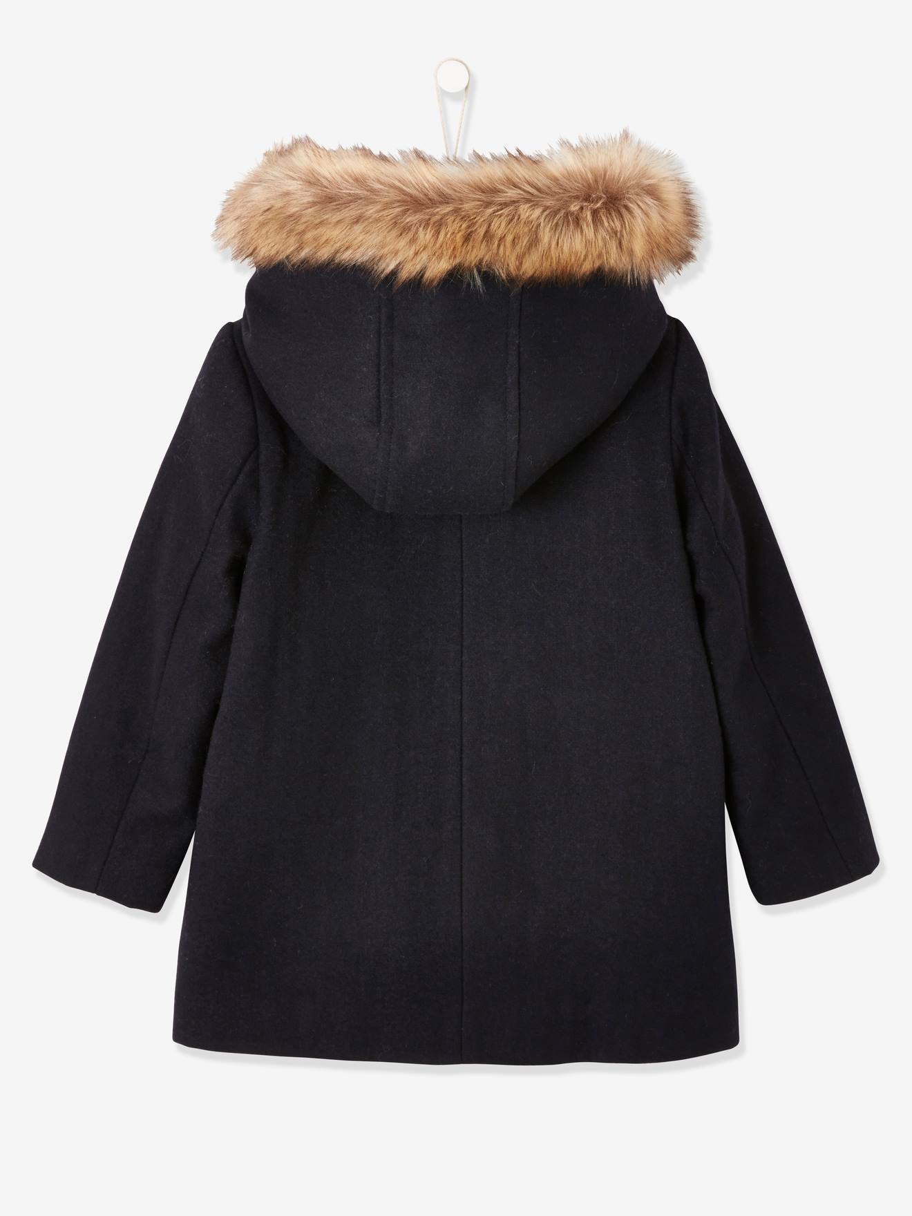 Duffle-coat à capuche en drap de laine fille fermeture par brandebourgs encre