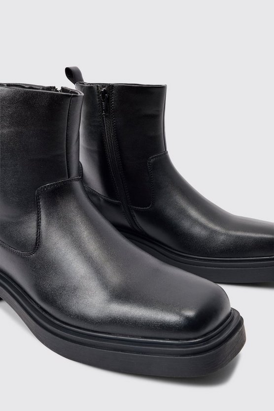 Schwarz eckige PU-Stiefel mit Reißverschluss
