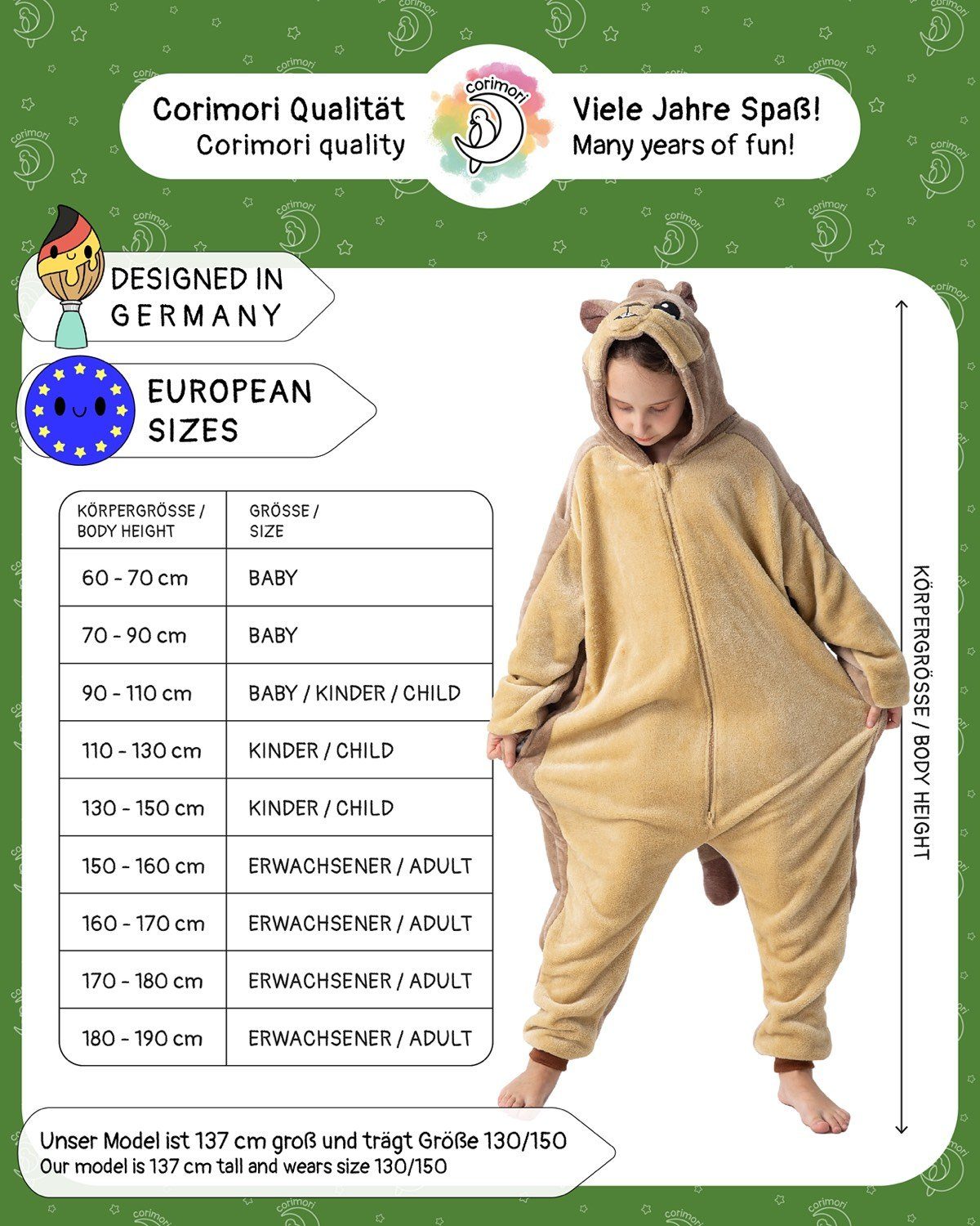 Corimori Jumpsuit Flauschiges Murmeltier-Kostüm für Kinder (2-tlg) mit Haarreif, Karneval, Fasching, Onesie, Mädchen, Jungen