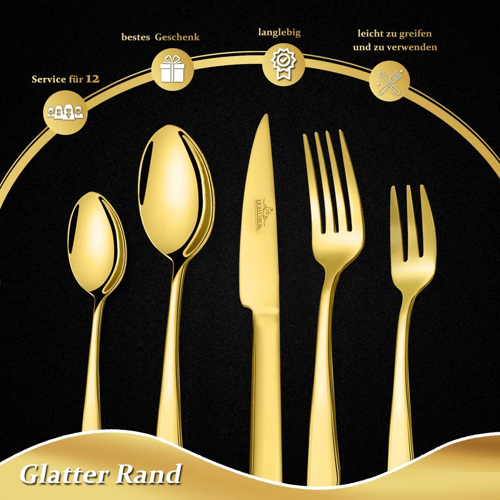 LB LICHTENBERG Besteck-Set 72 teilig Essbesteck Set Für 12 Personen, 18/10 Edelstahl, glänzend, inkl. Messer, Gabel, Löffel, Teelöffel Essbesteck, Spülmaschinenfest