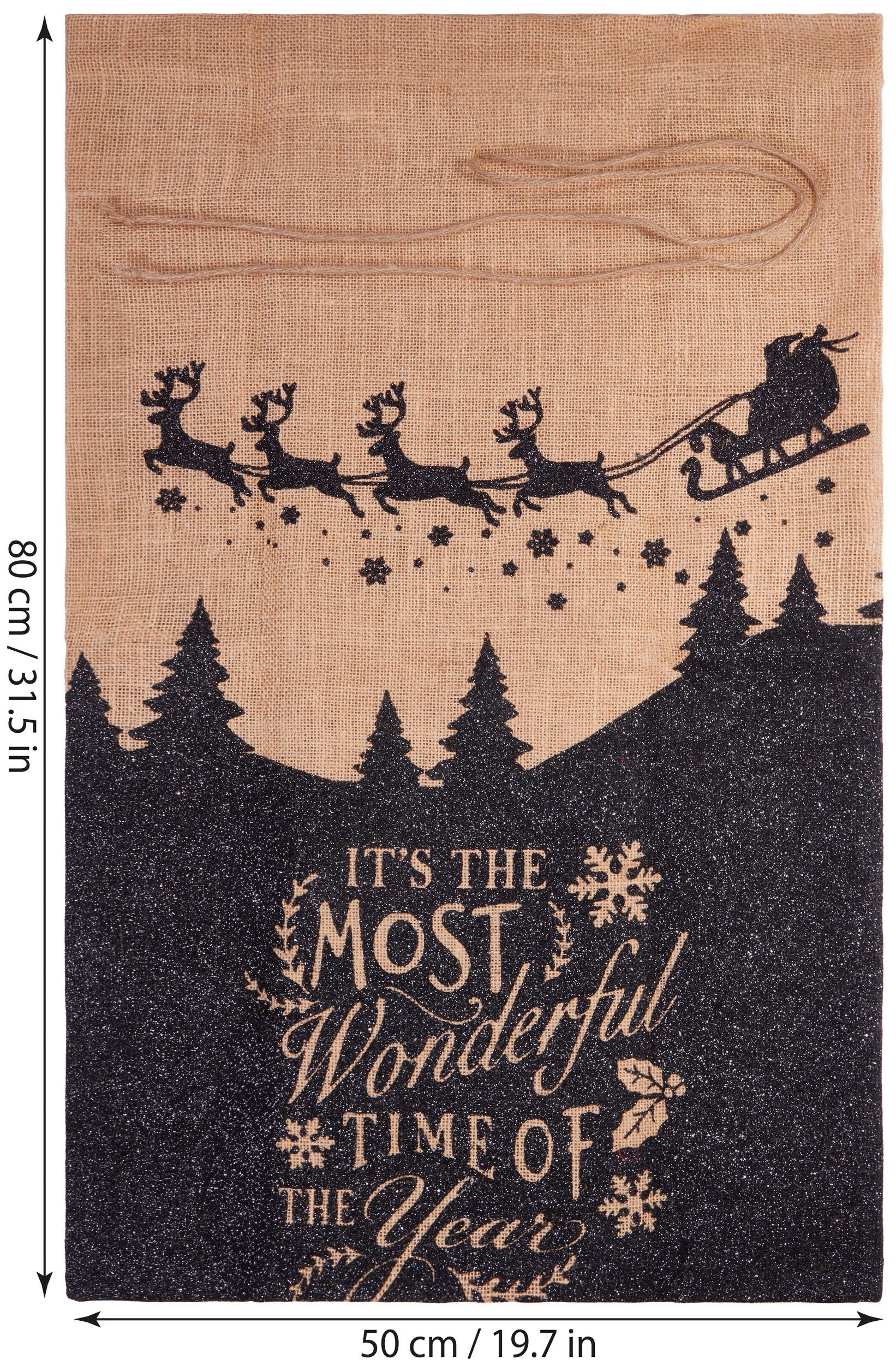 BRUBAKER Aufbewahrungstasche Weihnachtssack Most Wonderful Time of the Year - 80 cm Geschenksack (Weihnachtsmann mit Schlitten, 1-tlg), Nikolaussack Jutebeutel Sack mit Kordel zum Verpacken von Geschenken