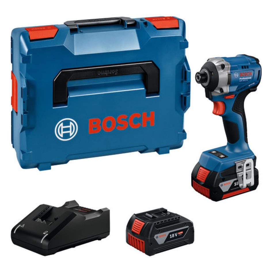 Parafusadeira de impacto sem fio Bosch Blue 06019N2002 GDR 18V-215 com 2 baterias de 4,0 Ah e carregador GAL 18V-40 em L-BOXX