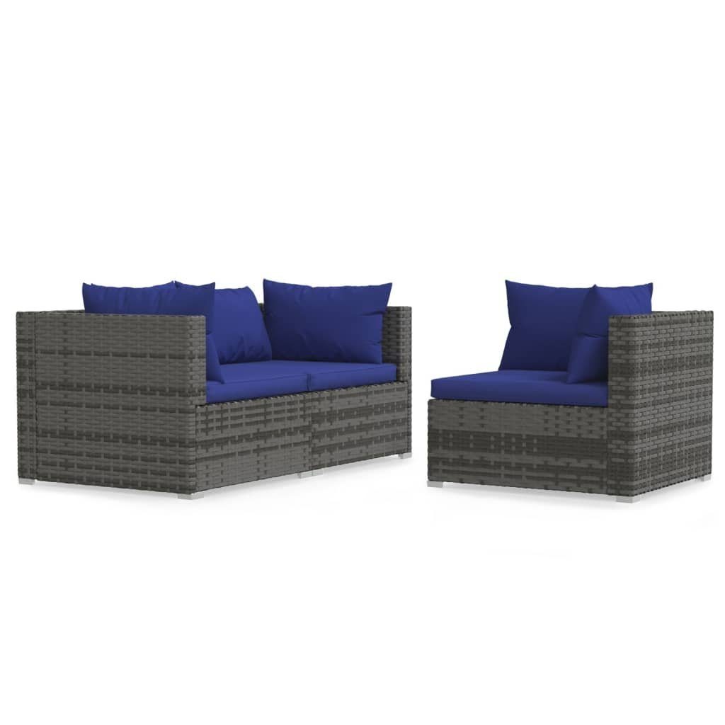 vidaXL Loungesofa 3-tlg. Garten-Lounge-Set mit Kissen Grau Poly Rattan, 1 Teile