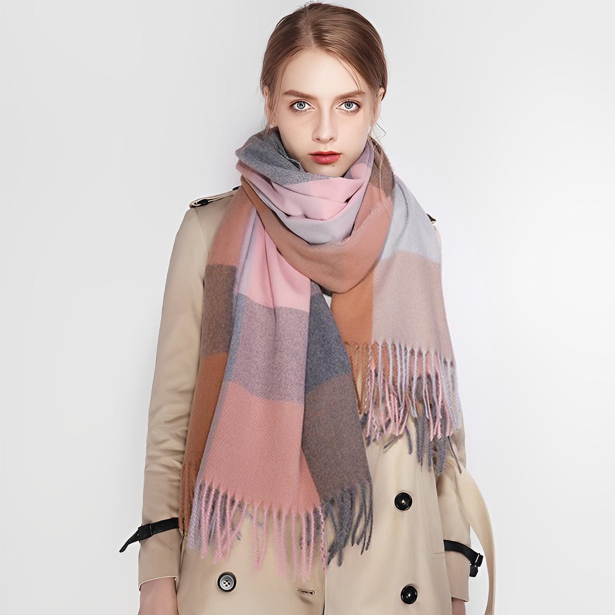 KUGI Wollschal Modeschal Warme Winter Schals XXL Schal Poncho Langer Damen Schal, (Quadratisch Deckenschal Karo Tartan Streifen Plaid Muster Fransen Weich Warm, XXL Oversized Herbstschal Poncho, Fashion Damen Winter Schal), Damen Schal - Kariert über