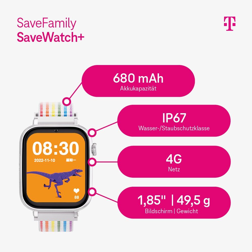 SaveFamily SaveWatch+ (inklusive Telekom SIM-Karte) Smartwatch (4,7 cm/1,85 Zoll, Android 8.1), inkl. magnetisches Ladekabel, Kinder-Smartwatch, Kids Watch, wechselbares Armband, Face ID