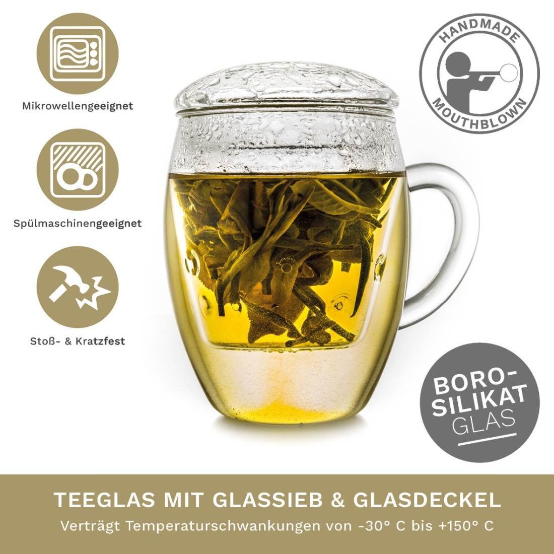 Creano Teeglas All in one, mit Glassieb & Henkel, Borosilikatglas, 3-teilig