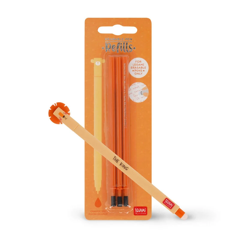 Juego de bolígrafos borrables Lion con recambio naranja.