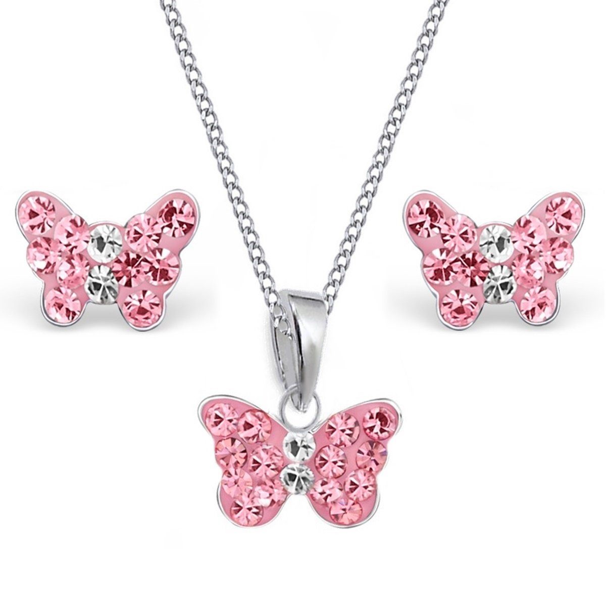 Goldene Hufeisen Schmuckset Rosa Schmetterling Anhänger Kette Ohrstecker 925 Silber Kristall (4-tlg, inkl. Etui), Kinder Geschenkset