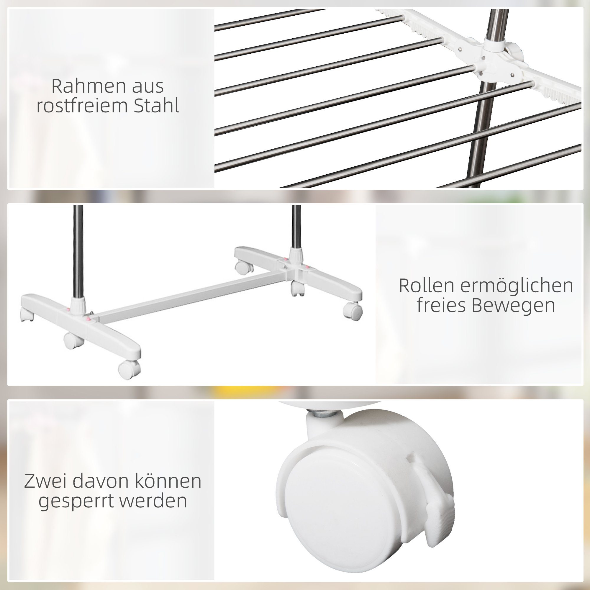 HOMCOM Wäscheständer, Mobiler Wäschetrockner-Turm Seitenflügel 2 Ebenen Klappbar