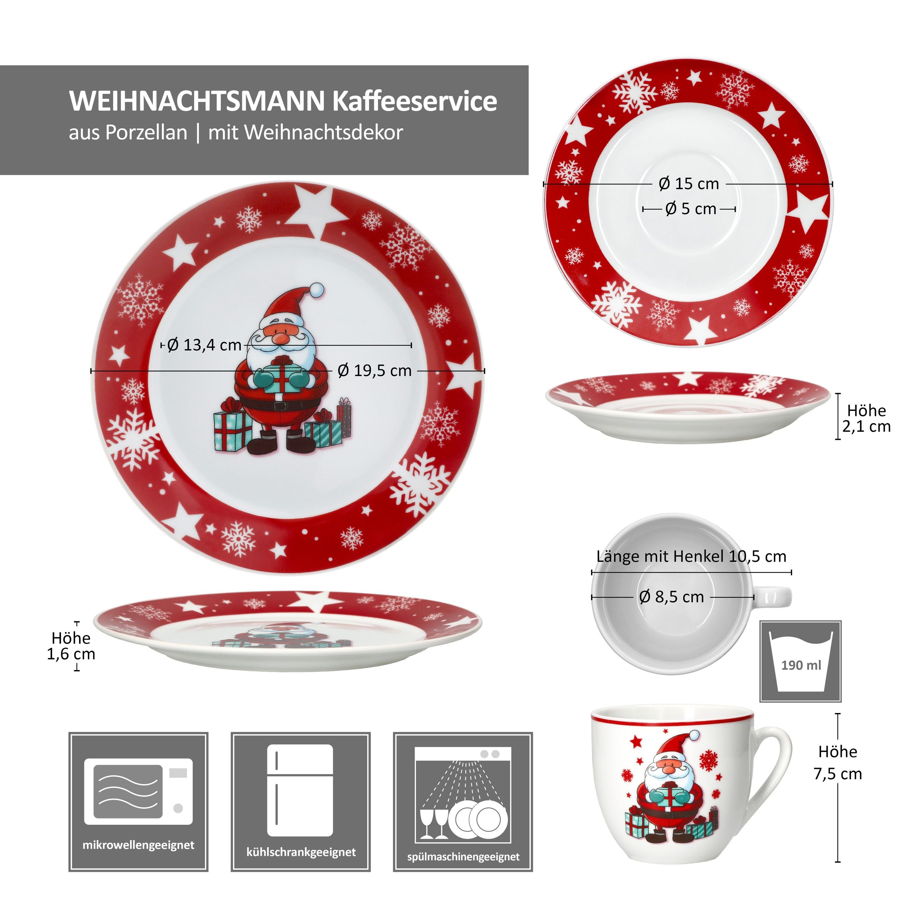 MamboCat Kaffeeservice 18tlg Kaffeeservice Weihnachtsmann Porzellan 6 Pers. Tassen Teller, Porzellan