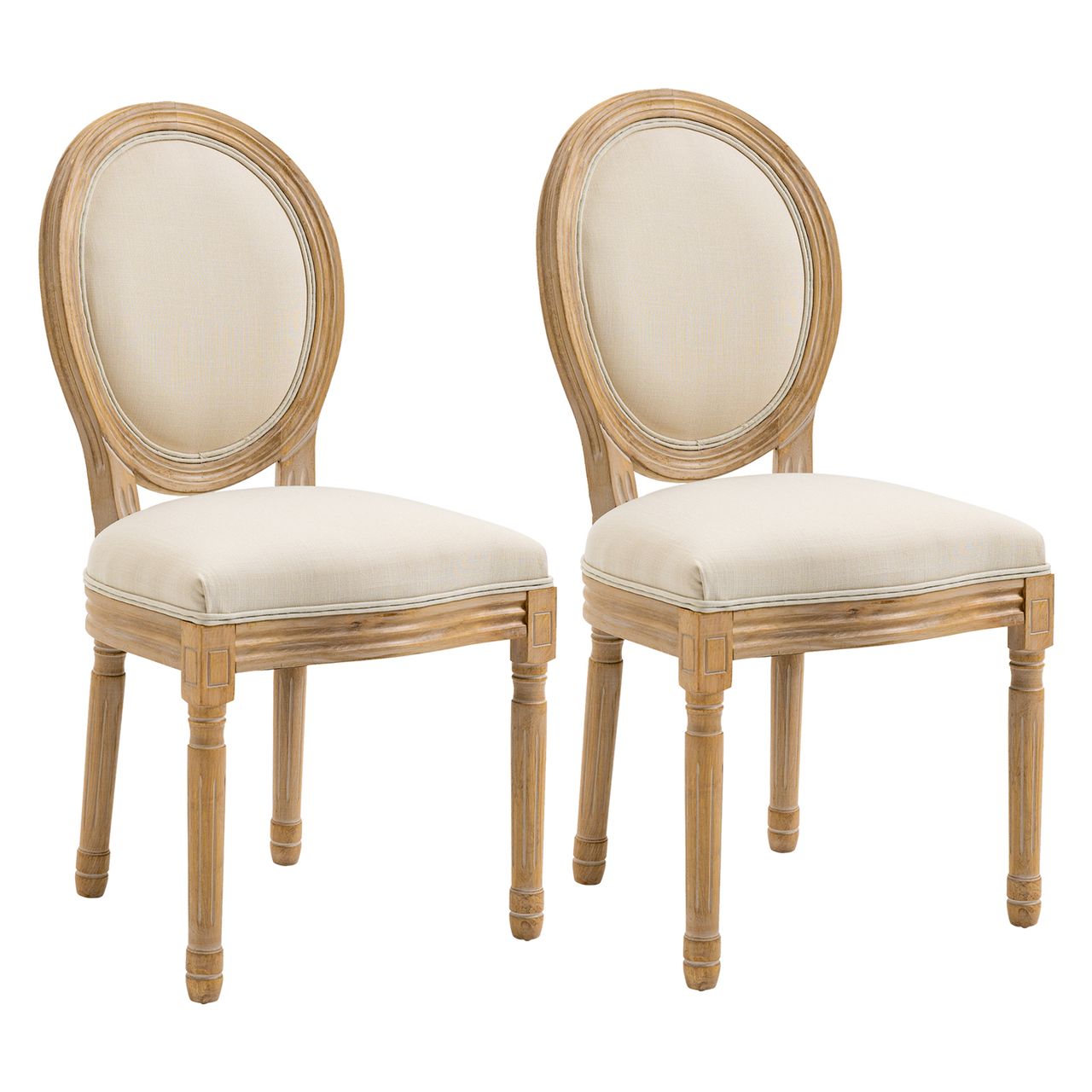 HOMCOM 2er Set Esszimmerstühle Vintage Küchenstuhl Polsterstuhl mit Rückenlehne Linen-Touch Massivholz Cremeweiß Natur 49 x 56 x 96 cm