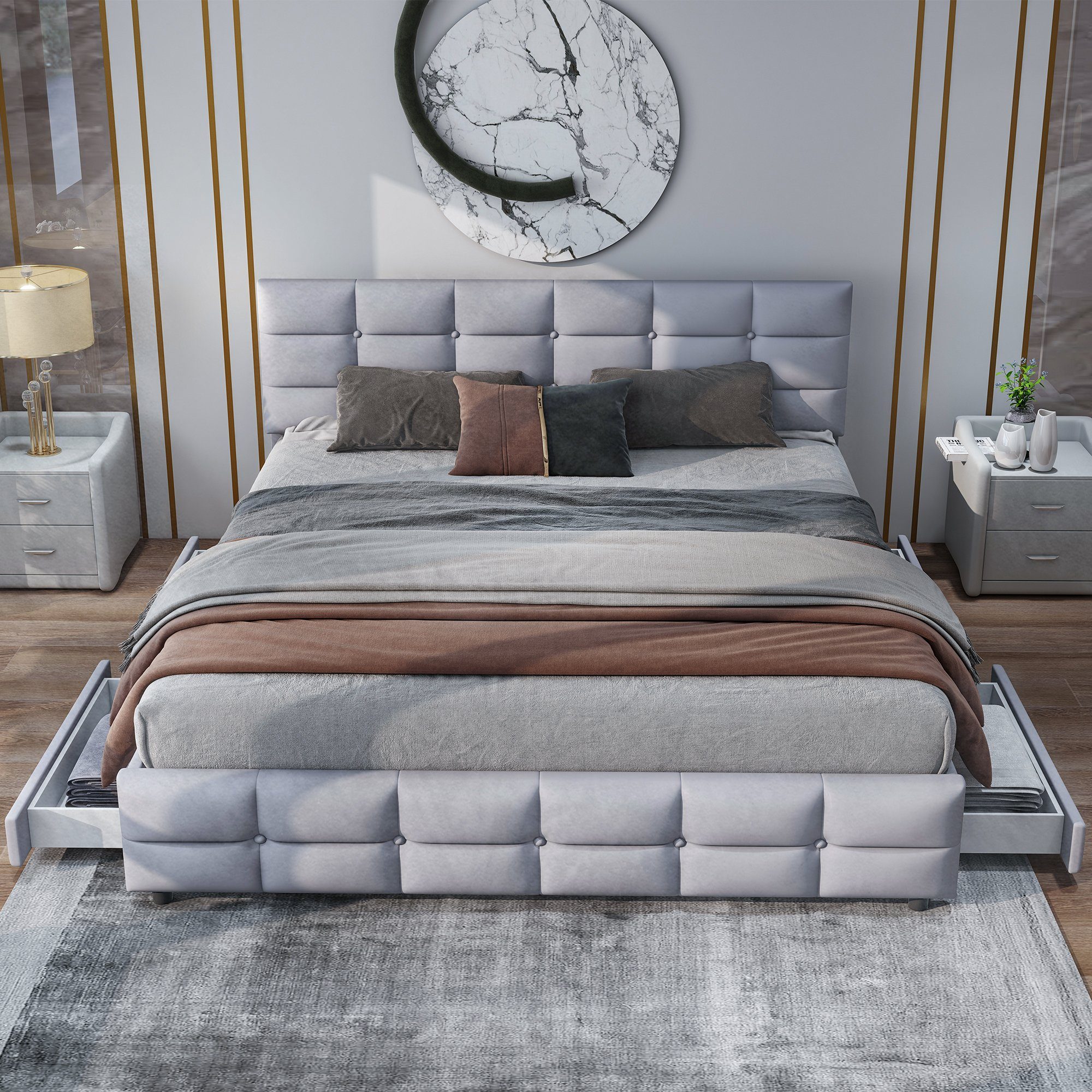 REDOM Polsterbett Funktionsbett Doppelbett, mit 4 Schubladen, Samtstoff (180 x 200 cm, Lattenrost und Rückenlehne, Matratze nicht enthaltet), Ohne Matratze