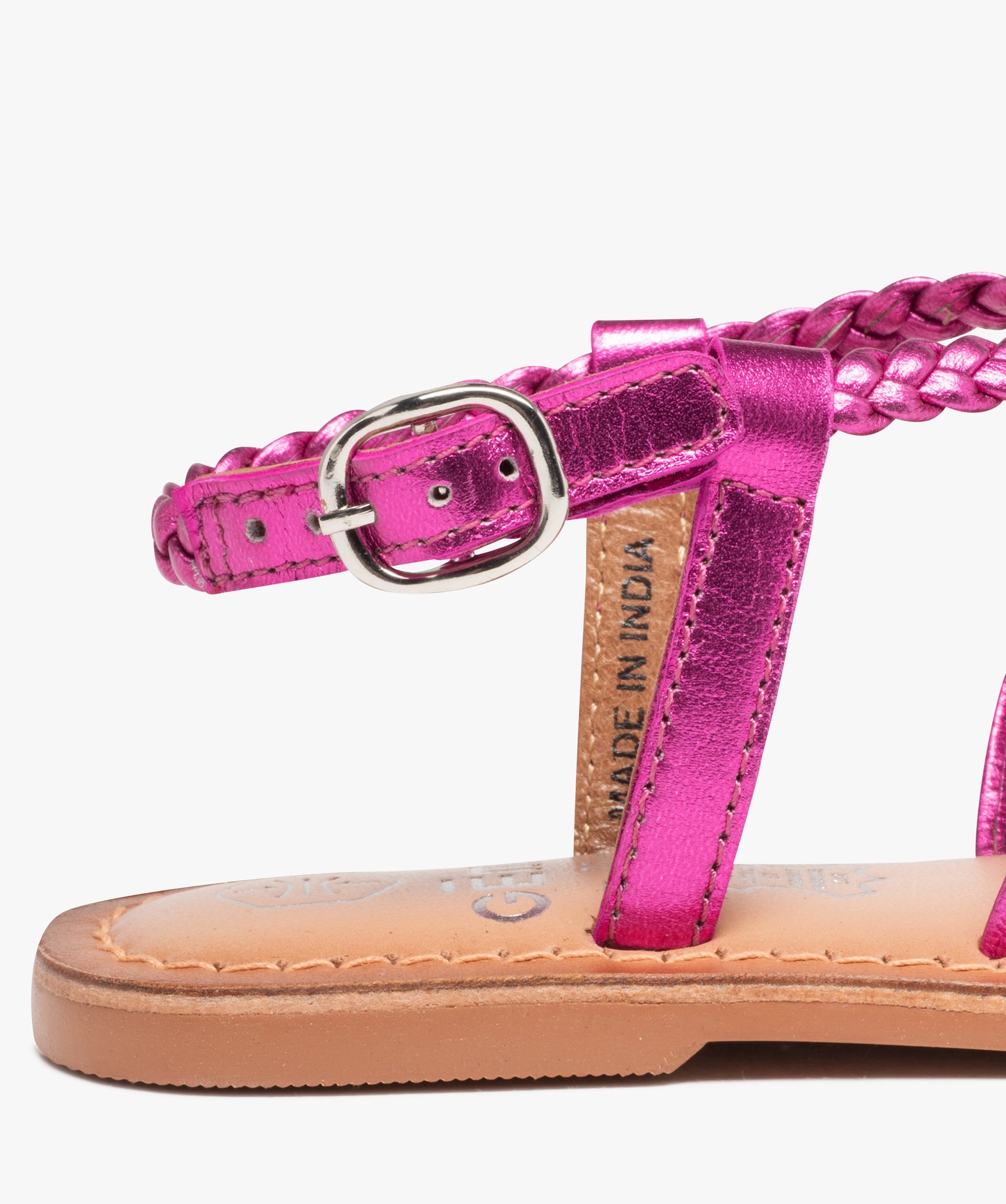 Sandales fille à fines brides en cuir tressées métallisées rose | GEMO