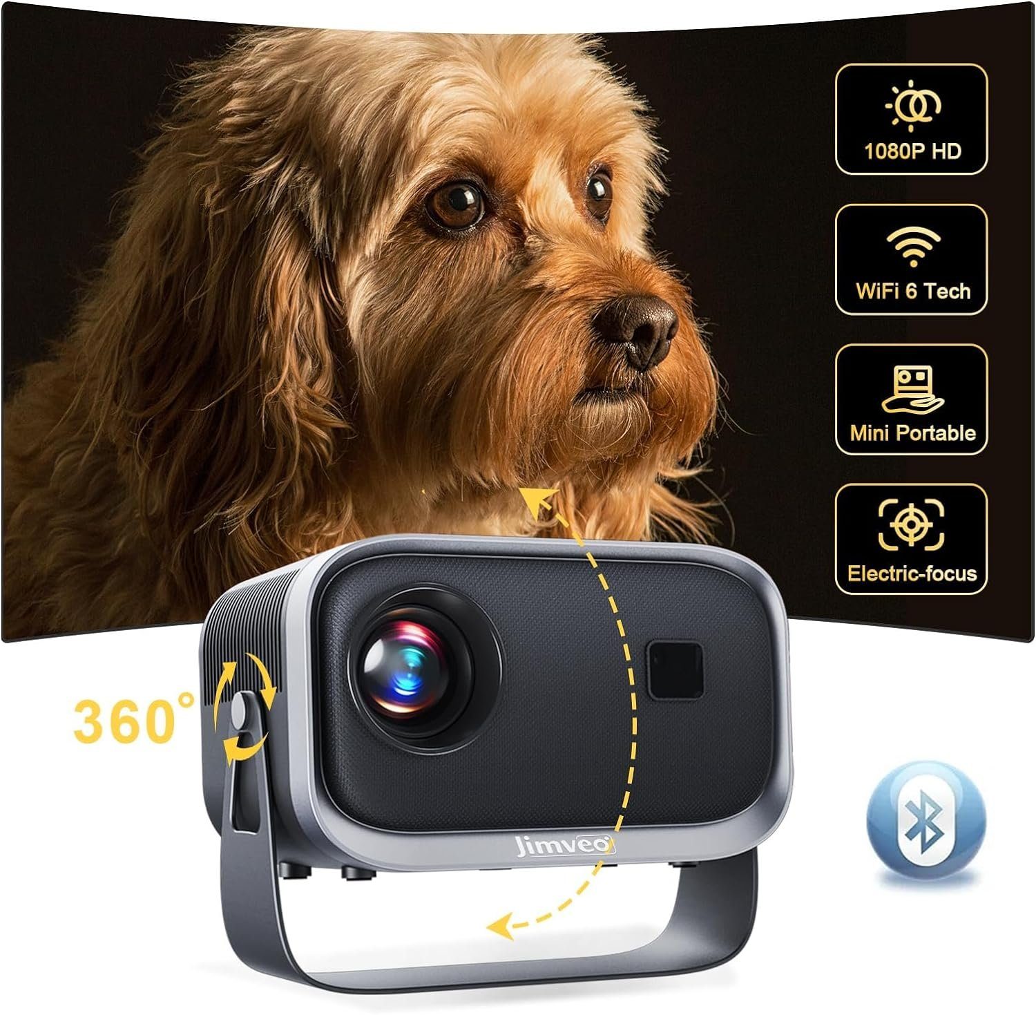 JUNG Mini Tragbarer Beamer Trapezkorrektur 4K 200 ANSI Smart Projektor WiFi Mini-Beamer (12000:1, 1920 x 1080 px, 4k Heim Kino Full HD Smart Heimkino Bluetooth Tragbar Mobil Minibeamer)