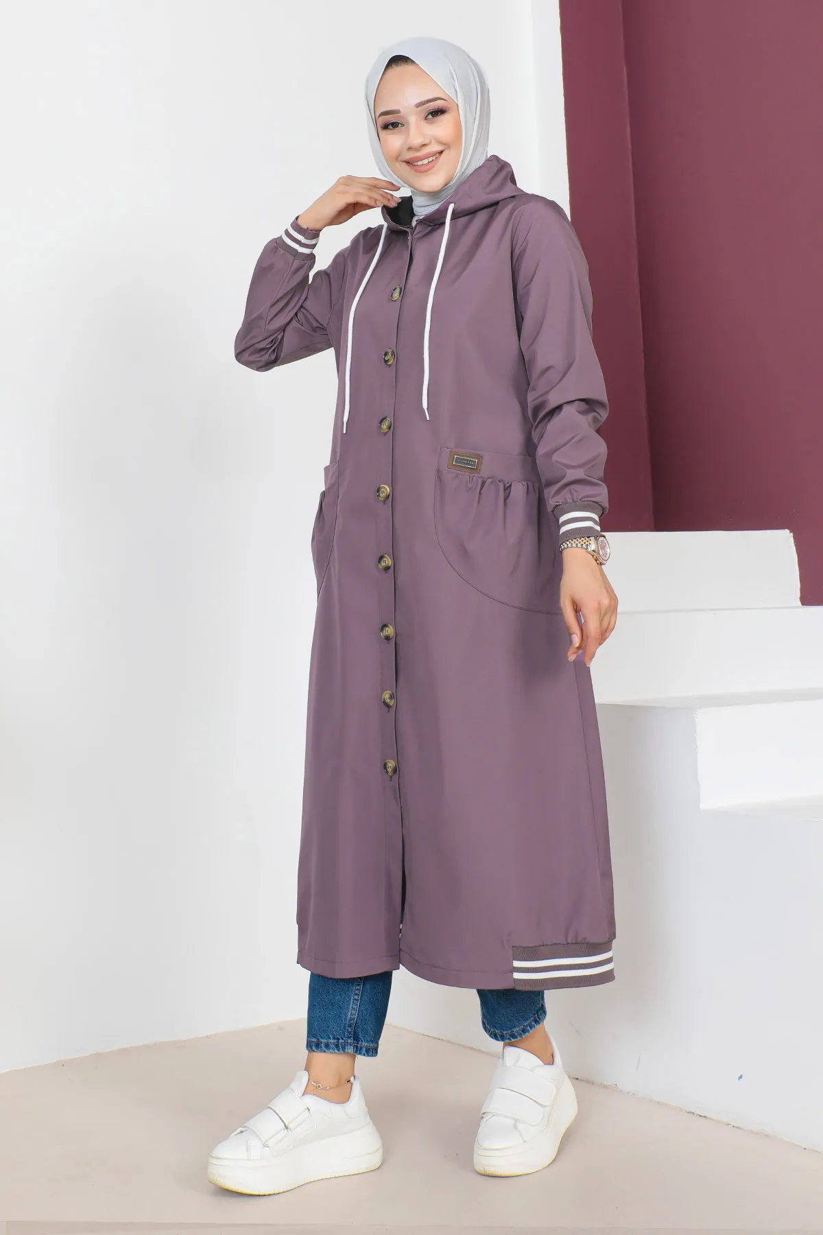 Tesettür Dünyası  Gerippter Trenchcoat TSD230638 Lila