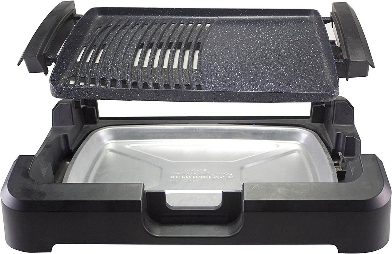 beper 90.871 Elektrogrill mit Glasdeckel, beschichtete Grillplatte, Edelstahl, 2200 W