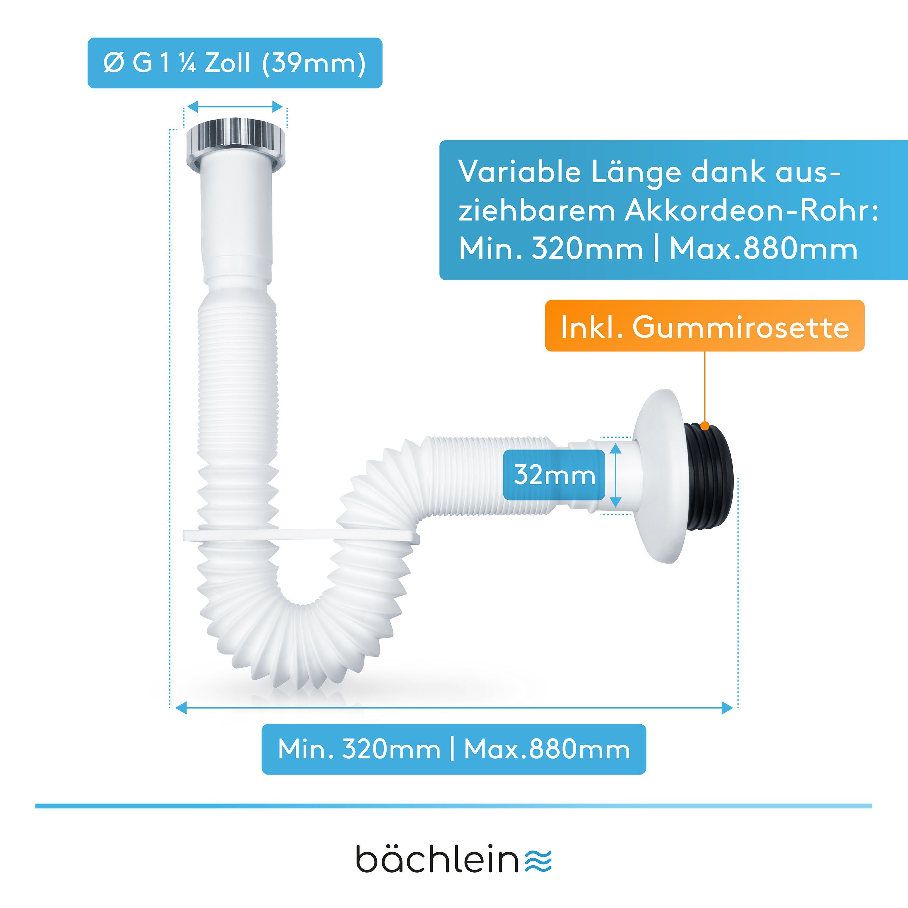 Bächlein Siphon Flexibler Ablaufschlauch Badezimmer, ausziehbar von 320-800mm mit Befestigungsclip