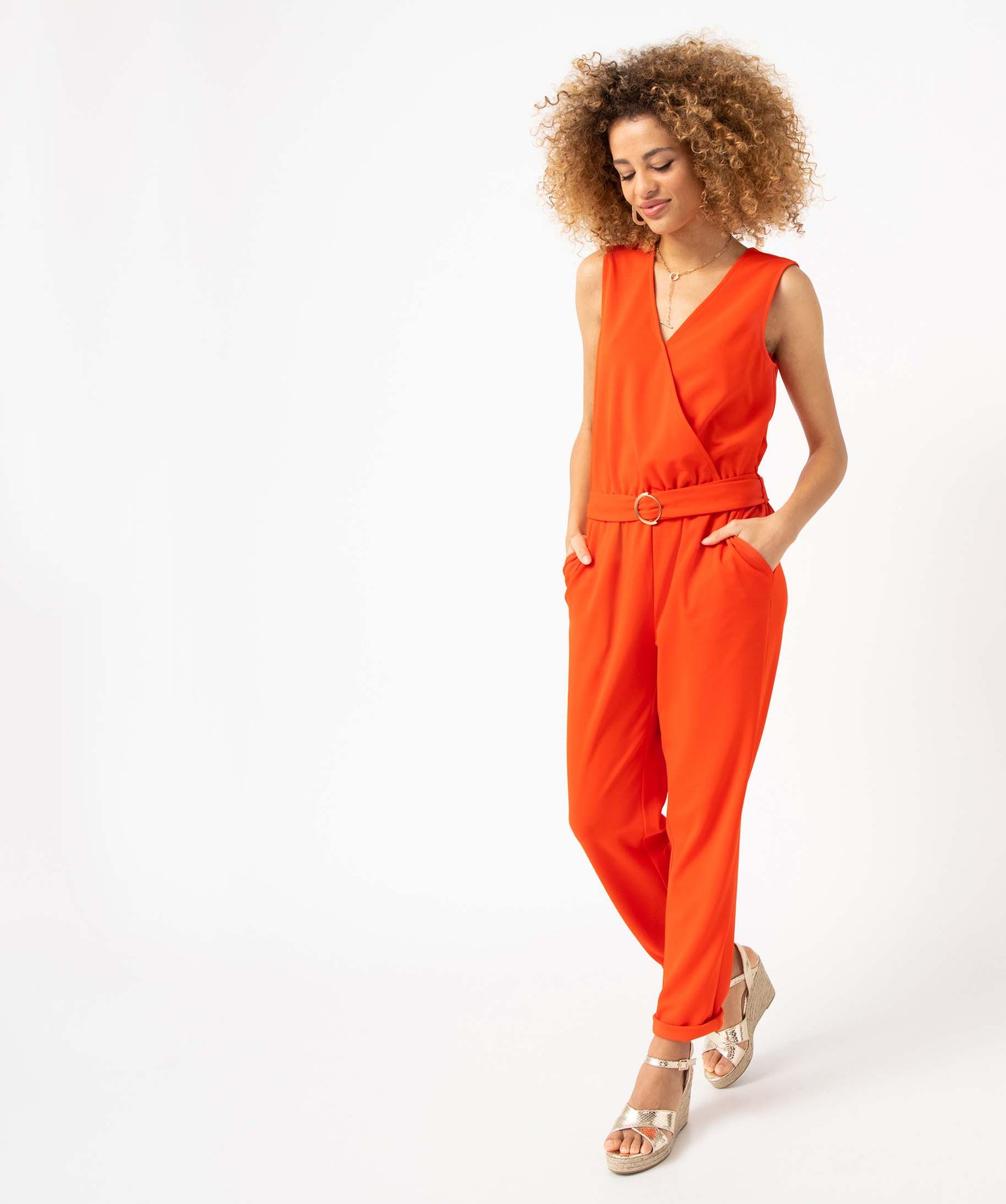 Combinaison pantalon femme unie avec haut cache-coeur orange | GEMO