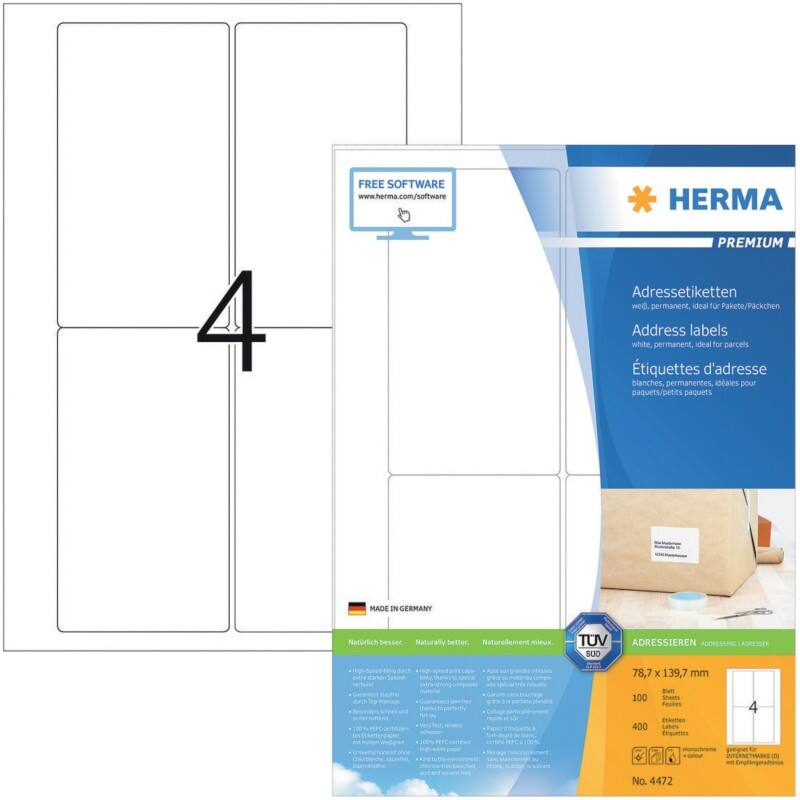 HERMA Adressetiketten 4472 Weiß DIN A4 78,7 x 139,7 mm 100 Blatt à 4 Etiketten