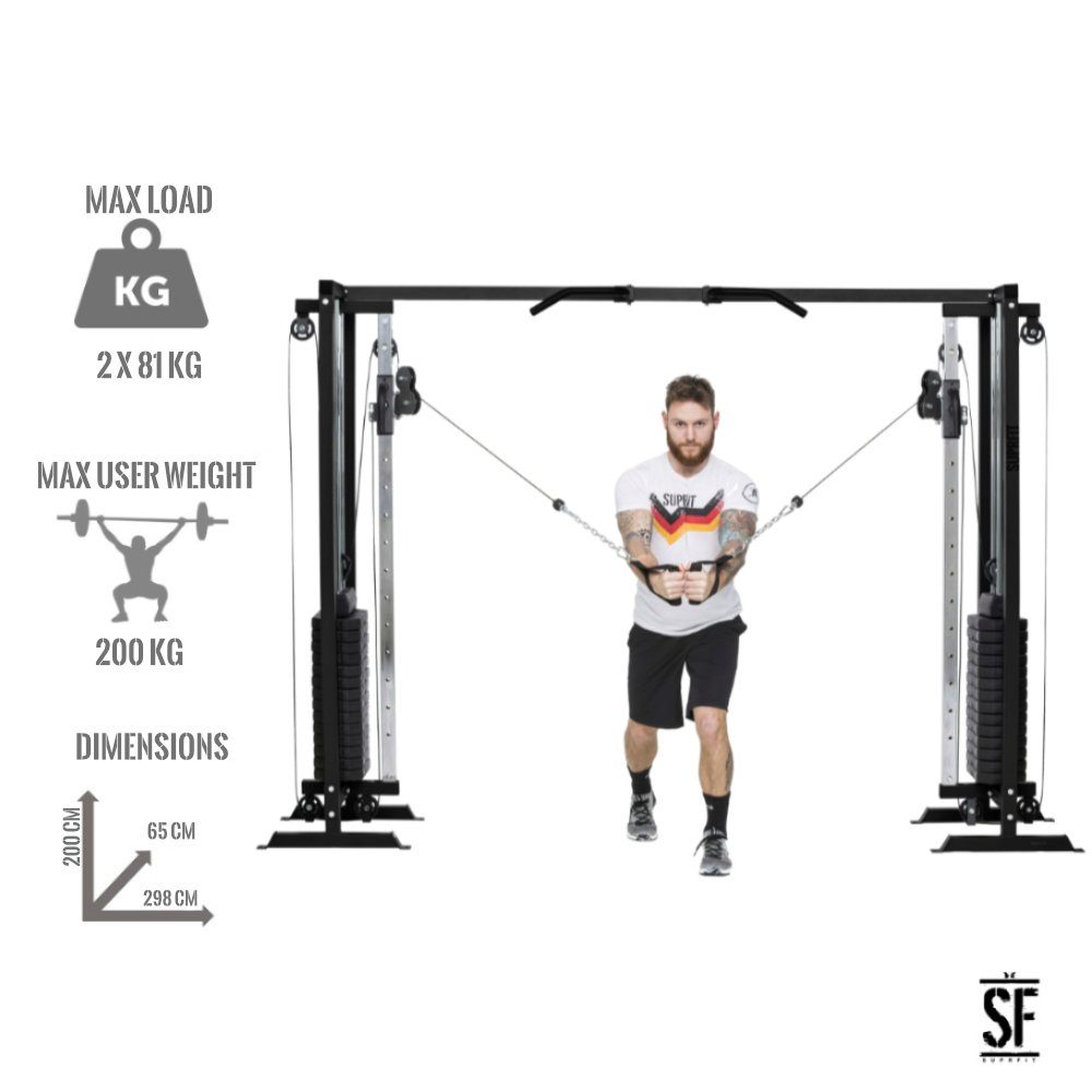 SF SUPRFIT Kraftstation Hallador Fitnessturm als Kabelzugstation Regular od. Basement Edition, inkl Gewichten bis 71kg, Regular 298x216cm, Basement Edition 298x200cm