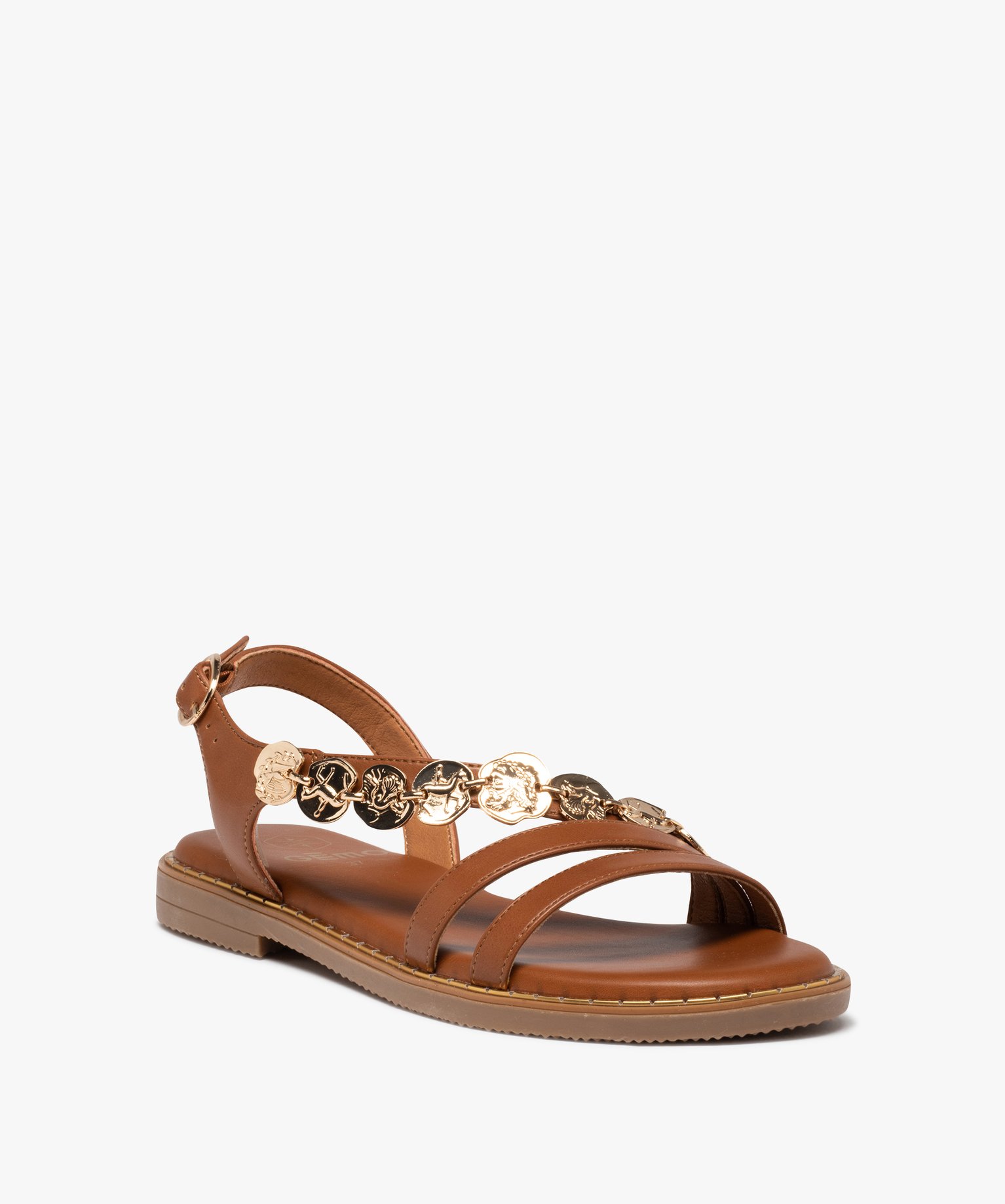 Sandales femme à talon plat avec bijoux métallisés marron | GEMO