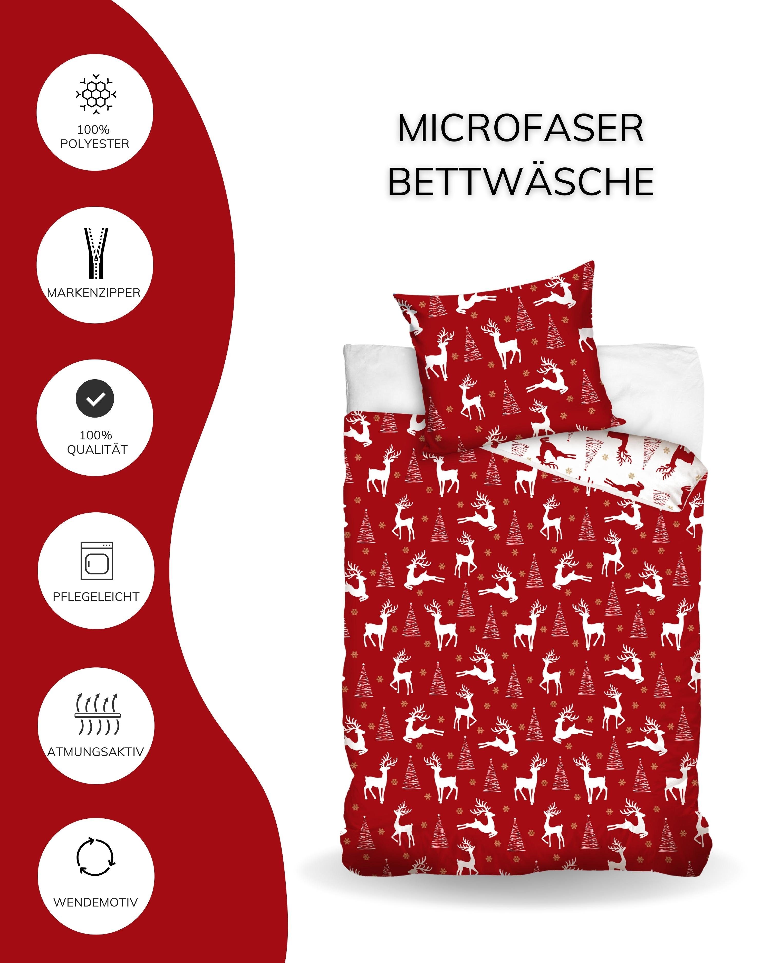Bettwäsche Weihnachten Rentier & Tannenbaum, angenehm & weich, MTOnlinehandel, Microfaser, 2 teilig, winterliches Motiv, Christmas Time für Kinder, Teenager, Erwachsene