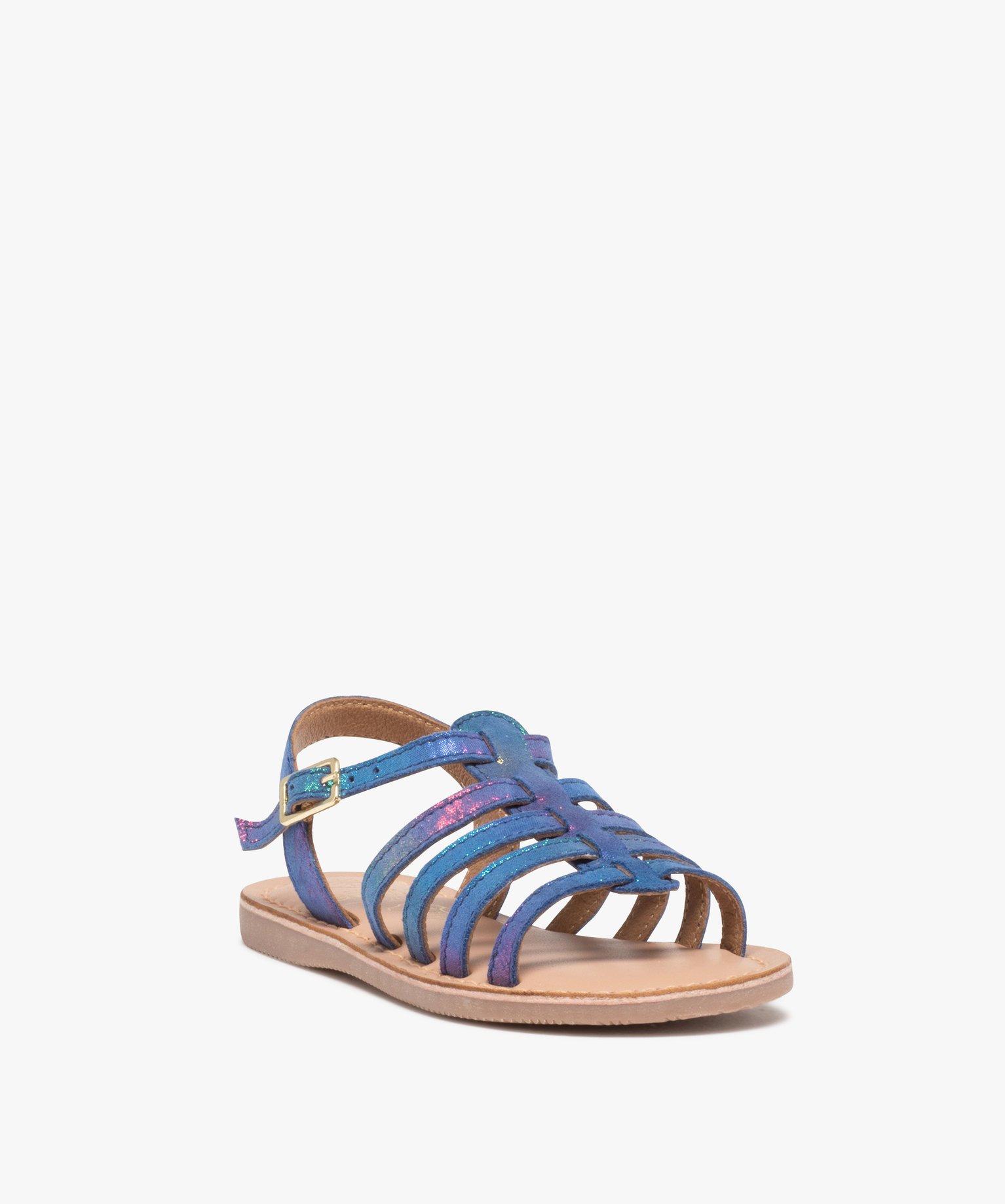 Sandales filles à brides multiples en cuir irisé bleu | GEMO