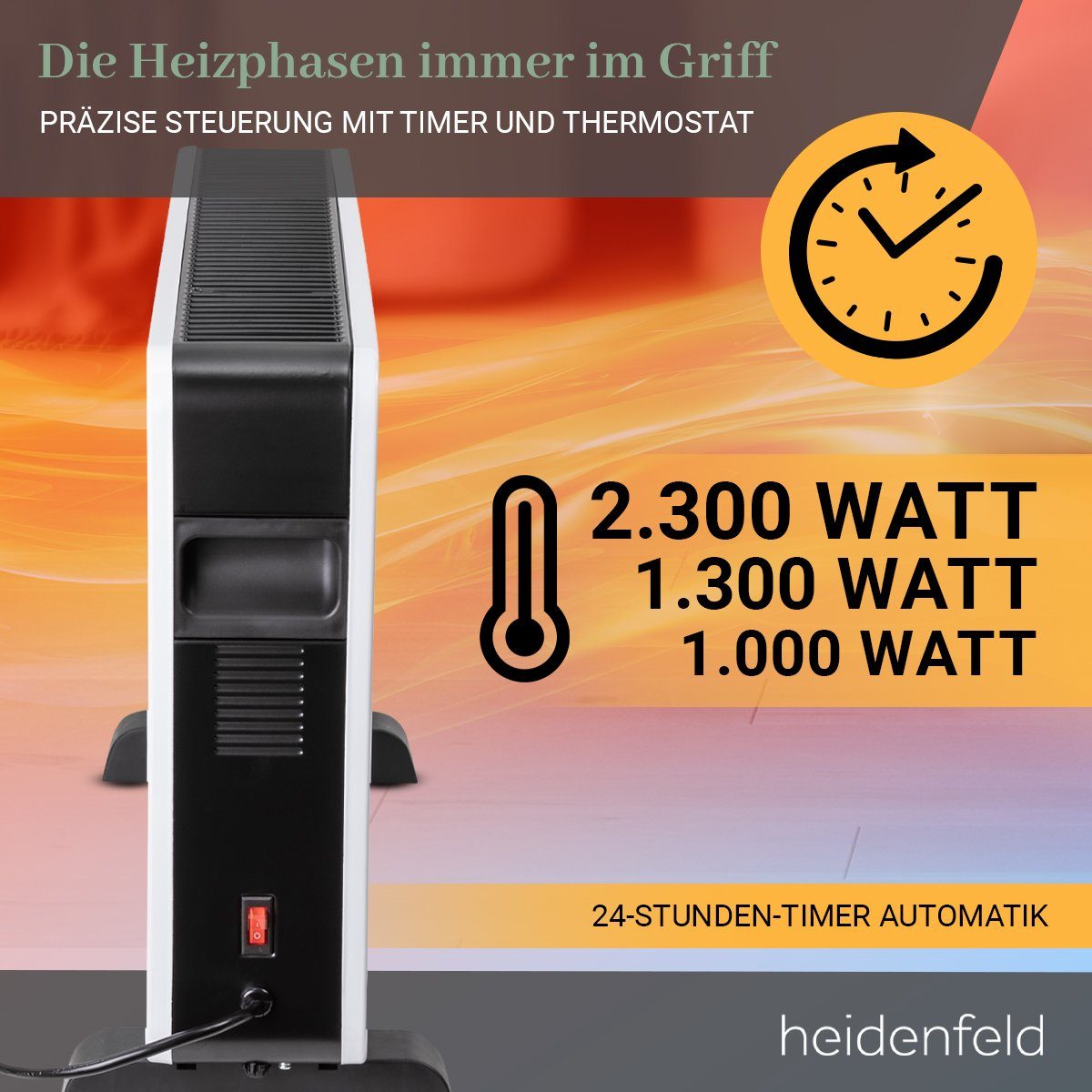 Heidenfeld Konvektor Elektro Heizung Konvektorheizung EK100 Heizgerät inkl. 3 Jahre Garatie, 2300 W, 3-Heizstufen - Fernbedienung - Timer - Heizlüfter - Heizkörper