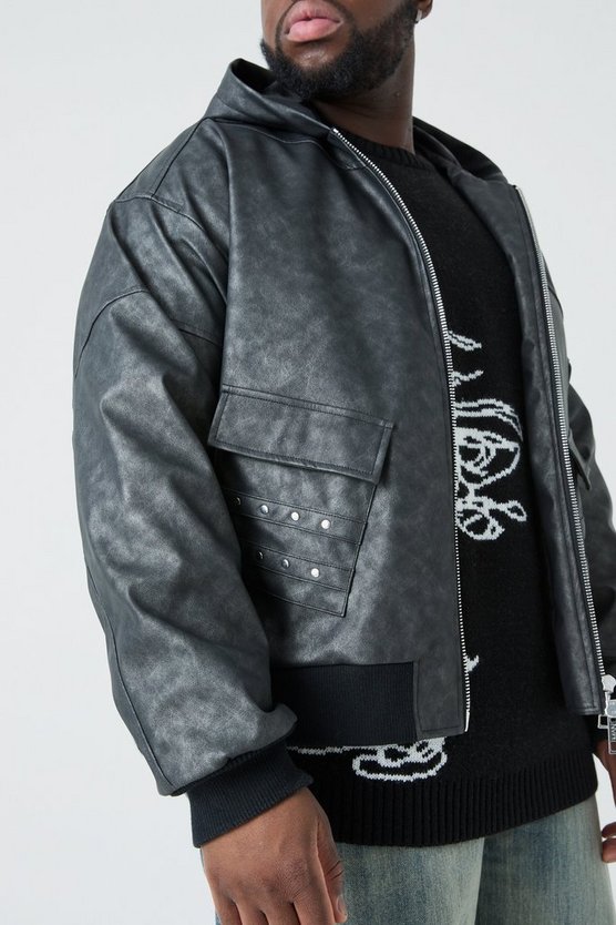 Plus PU-Bomberjacke mit Kapuze