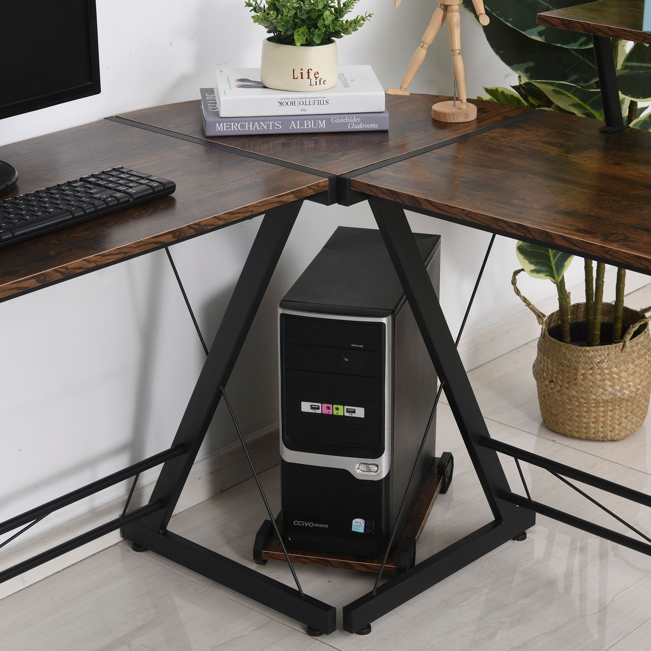 HOMCOM Computertisch, Eckschreibtisch, Schreibtisch, Bürotisch, Spanplatte Metall, Vintagebraun-Schwarz, 155 x 115 x 91,5 cm